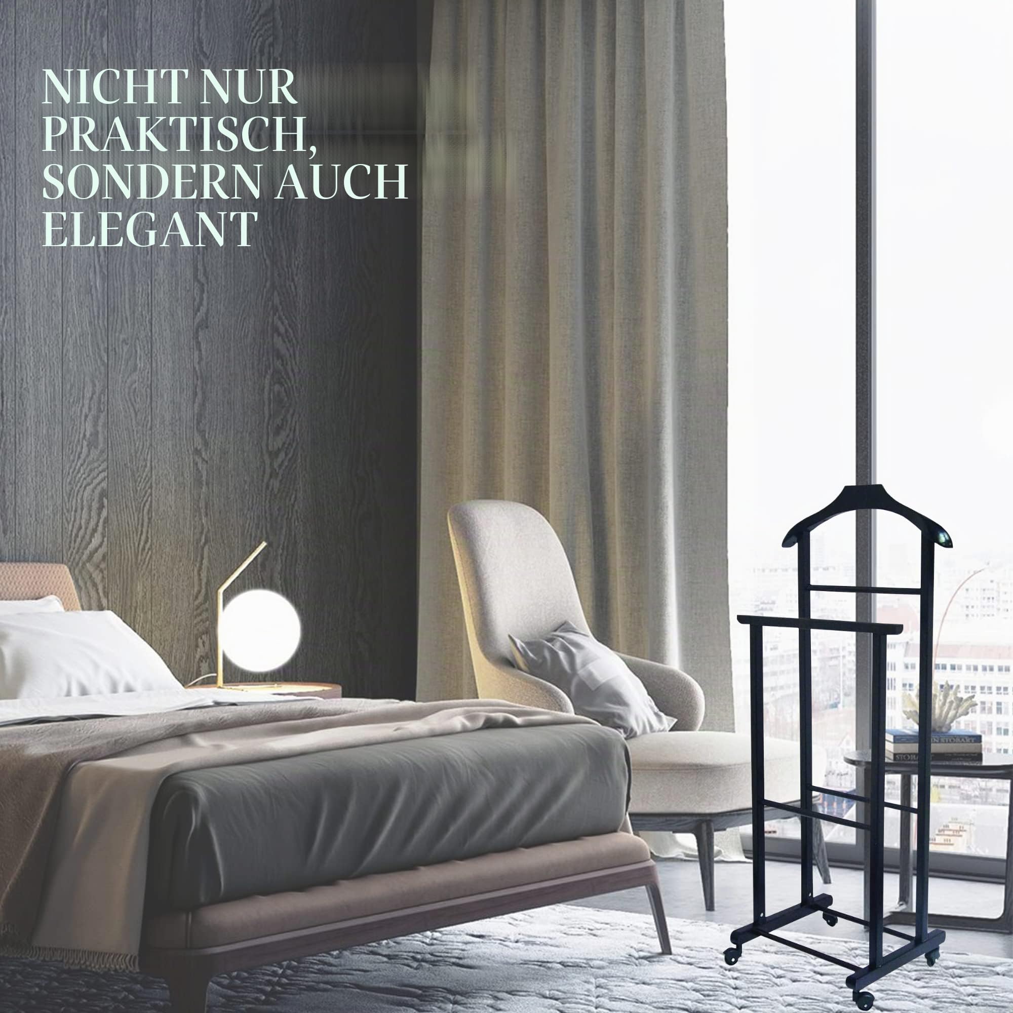Tomaino - Herrendiener Schlafzimmer aus Holz - Kleiderständer mit Rollen Ambrogio - Herrendiener Modern für Kleidung und Accessoires (Schwarz)