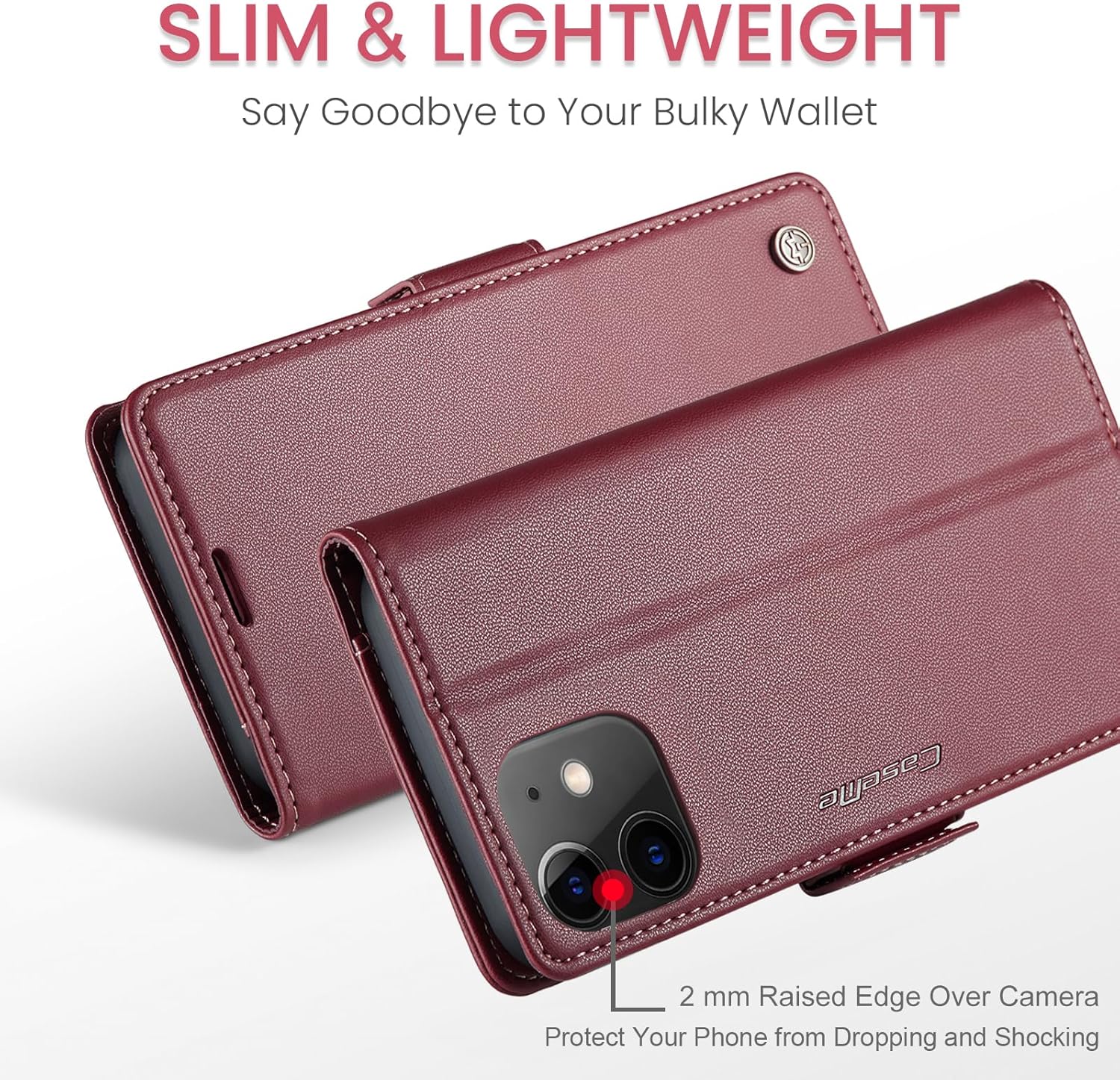 QLTYPRI Wallet Case for iPhone 12/12 Pro, Premium PU Leather Magnetic Flip Folio Case with RFID Blocking Credit Card Slots Kickstand Shockproof Protective Phone Case Cover - Wine Red - Image 7