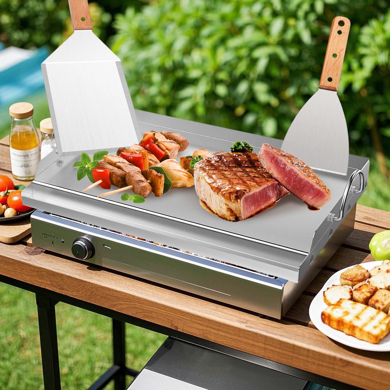 Plancha - Set di piastre per barbecue, 58 x 40 cm, con spatola e raschietto per barbecue, in acciaio inox con protezione antiscottatura e spatola per grigliare con manico in legno per barbecue a gas