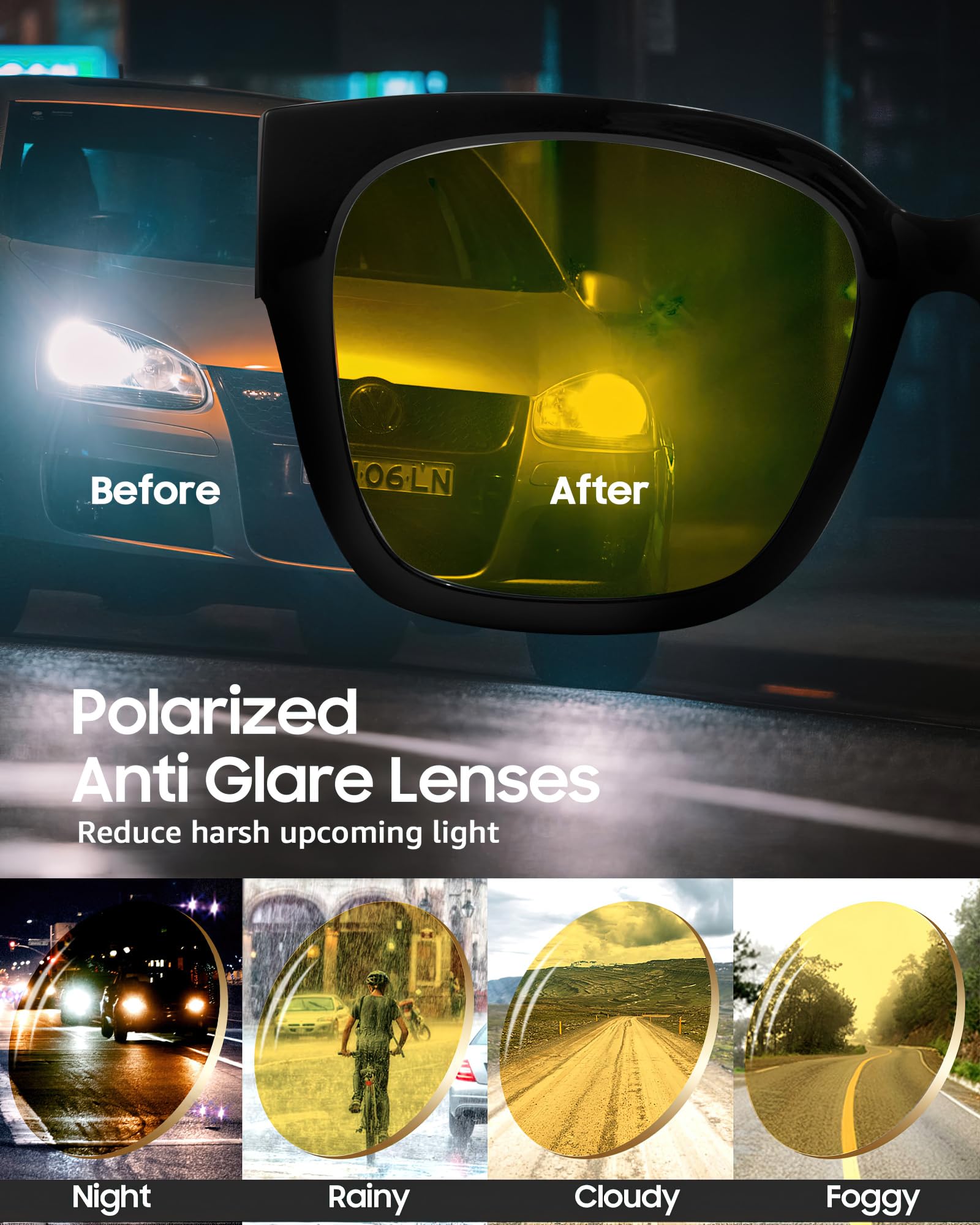 SIPHEW Polarisiert nachtfahrbrille für Brillenträger - Große Überbrille mit gelben Gläsern für Autofahrer: Überzieh-Nachtsichtbrille für Fahren bei Nacht und Tag UV400 Schutz