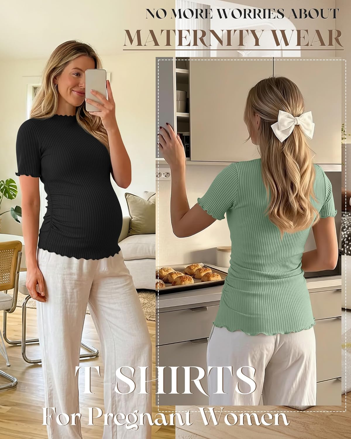 3 Pack Women's Maternity Tops Short Sleeve Ribbed Knit Maternity Shirts Crew Neck Side Ruched Pregnancy Clothes - Image 3
