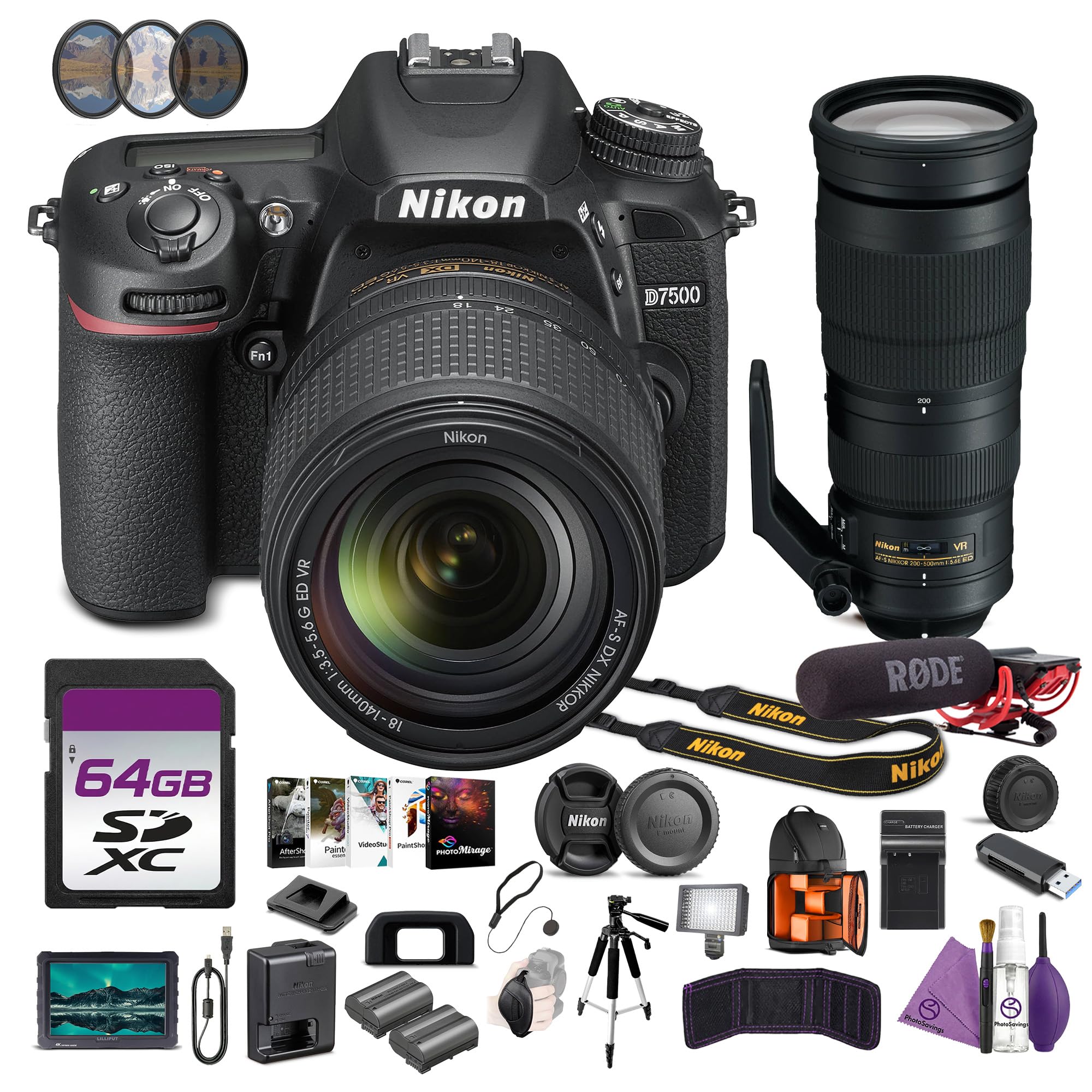 Nikon D7500 Camera Kit with 18-140mm Lens 4K DSLR Bundle with AF-S NIKKOR 200-500mm f/5.6E ED VR Lens + 7" Full HD Monitor + Microphone + Tripod +