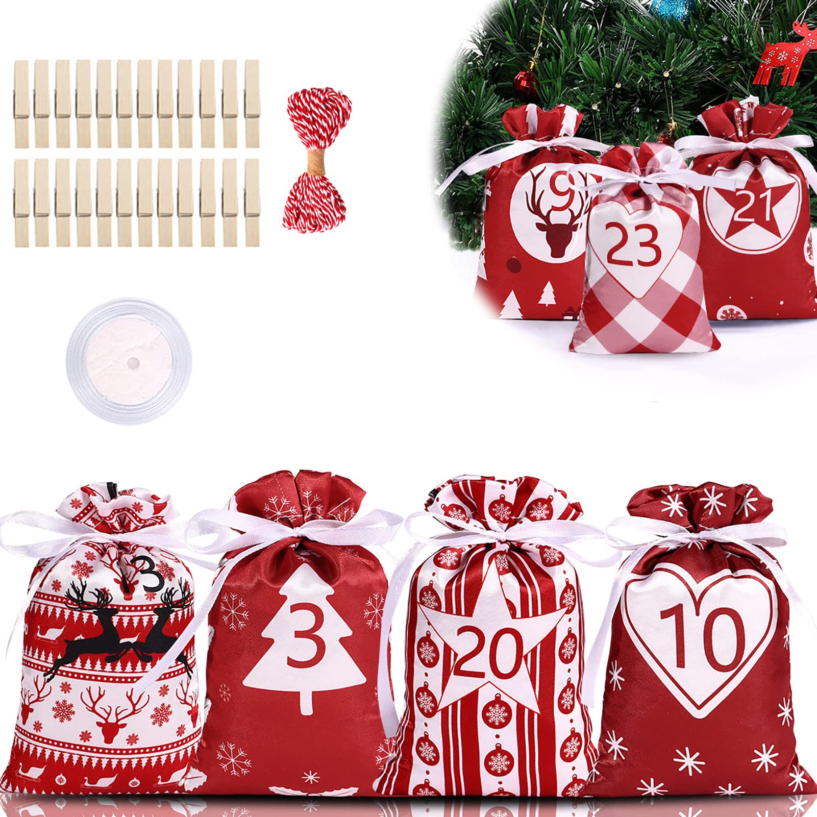 5 sacchetti per calendario 'Avvento, calendario natalizio con | conto alla rovescia, regalo con coulisse, materiale satinato e design natalizio, buon effetto decorativo per