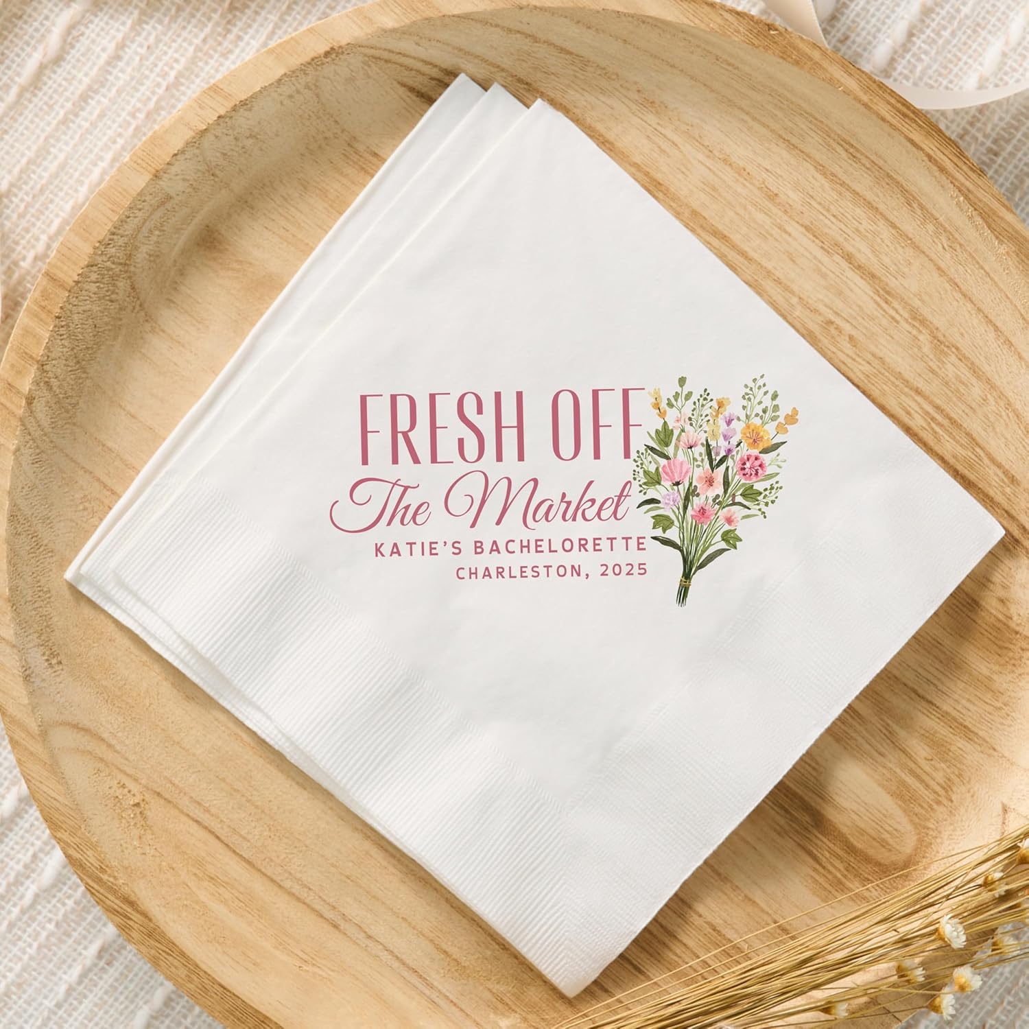 Fresh Off the Market Bachelorette Napkins Custom Bridal Shower Favors Personalized Farmers Market Theme Cocktail Napkins 50 pieces