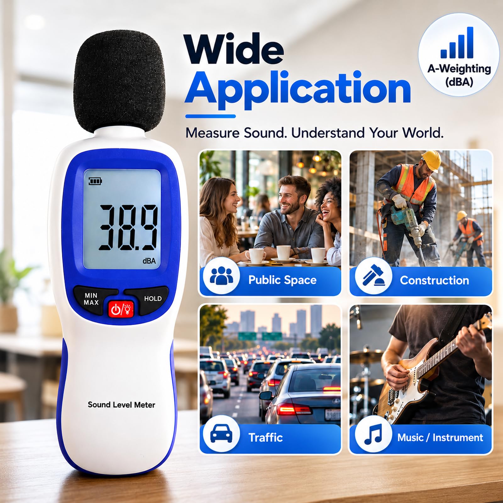 Decibel Meter Bluetooth, Portable Sound Level Meter with Data Logging, Can Fit with Smartphone App Recording, 30 to 130dBA Noise Decibel Meter SPL Meter w/Data Hold MAX MIN Alarm Backlit LCD Display — Amazon image 7