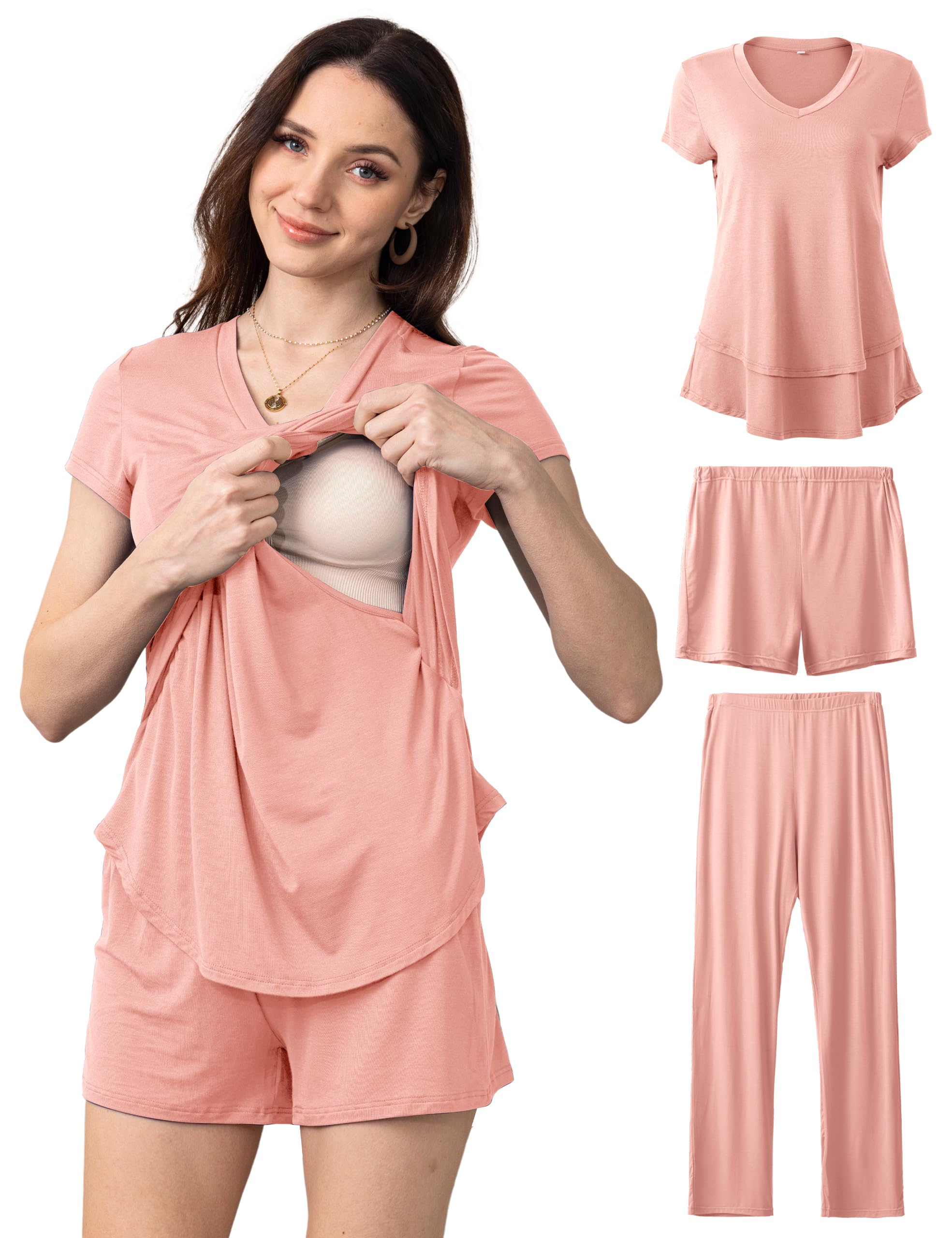 SUNNYBUY 3-teiliges Still-Pyjama-Set, versteckte Still-Tops, verstellbare Schwangerschafts-Shorts und Hosen, postpartale PJS