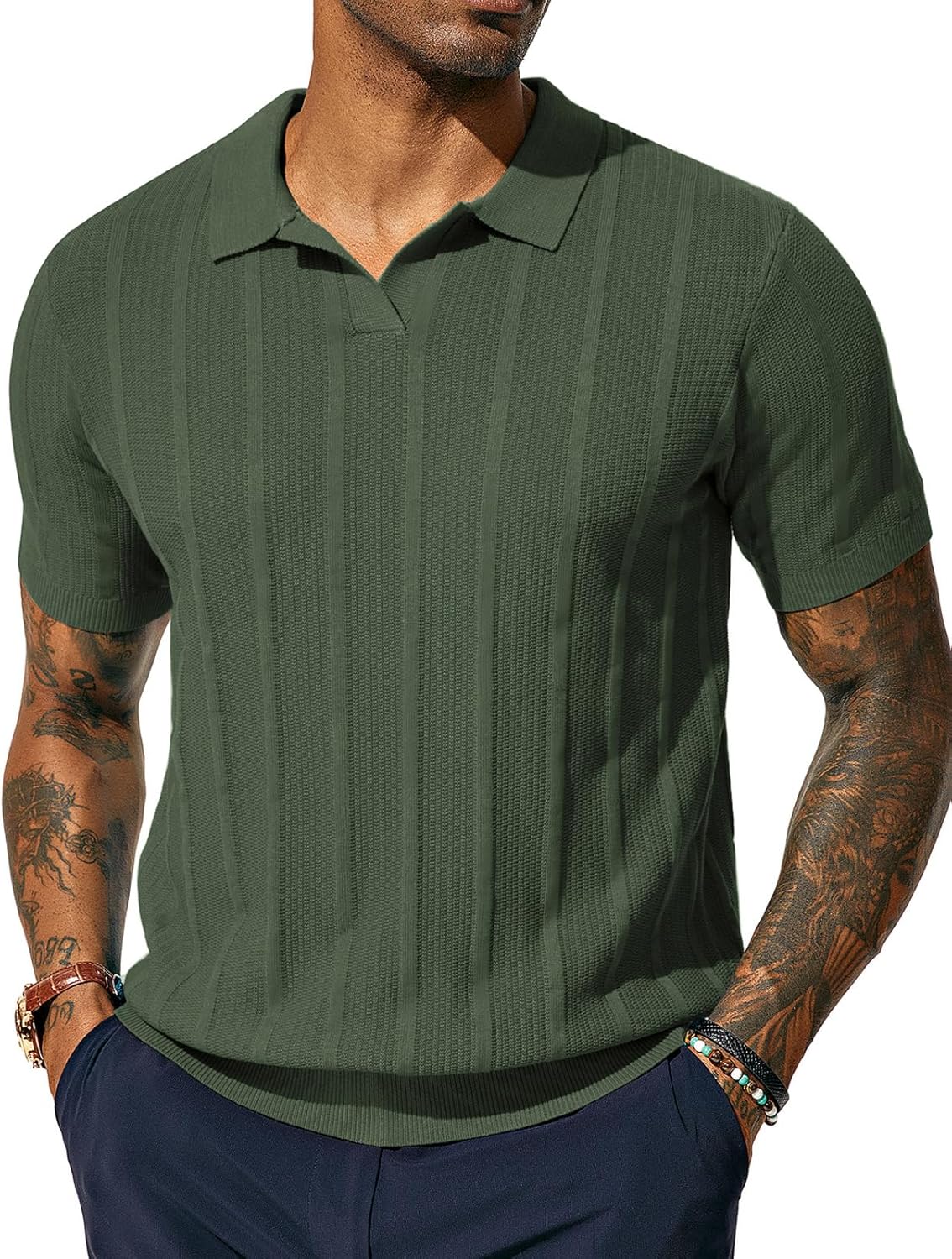 PJ PAUL JONES Mens Polo Shirts Regular Fit Textured V-Neck Knit Golf Polos