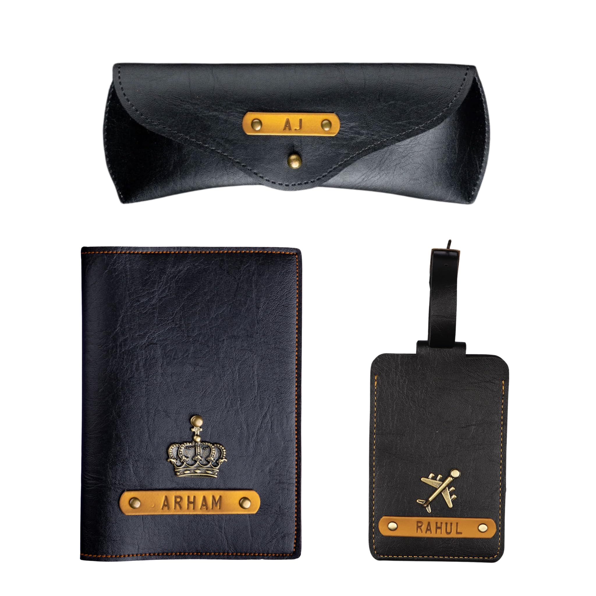 Personalised Gift Hamper for Couple with PU Leather Customize Passport Cover, Luggage Tag & Eyewear Case | Gift Combo for Wife and Husband with Personalized Name & Charms (Black)-image-34