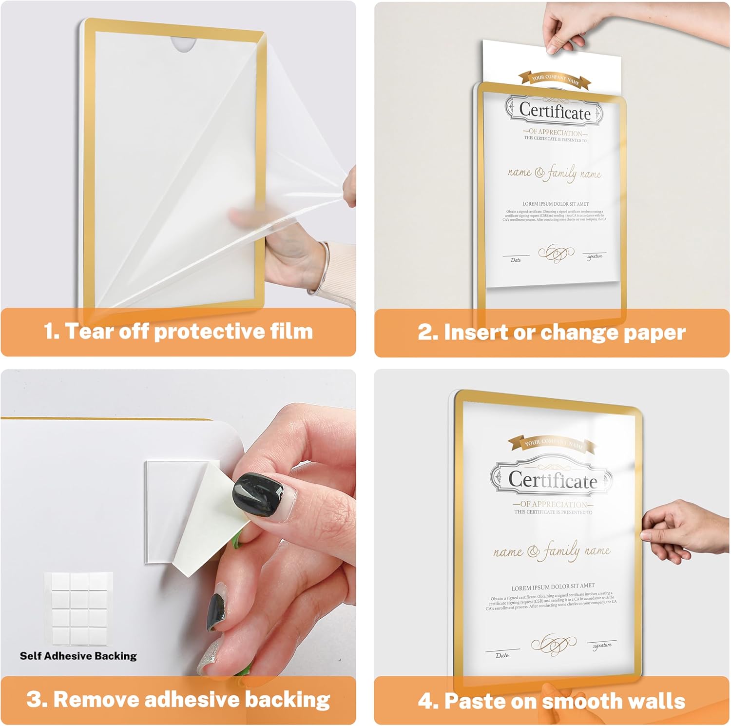 2 Pack 8.5"x11" Sign Holder Wall-mounted, Self-Adhesive Display Frame for College Certificate/Poster/Paper/Picture Office/Store/School Display Sign Holder with Horizontal and Vertical (Gold)