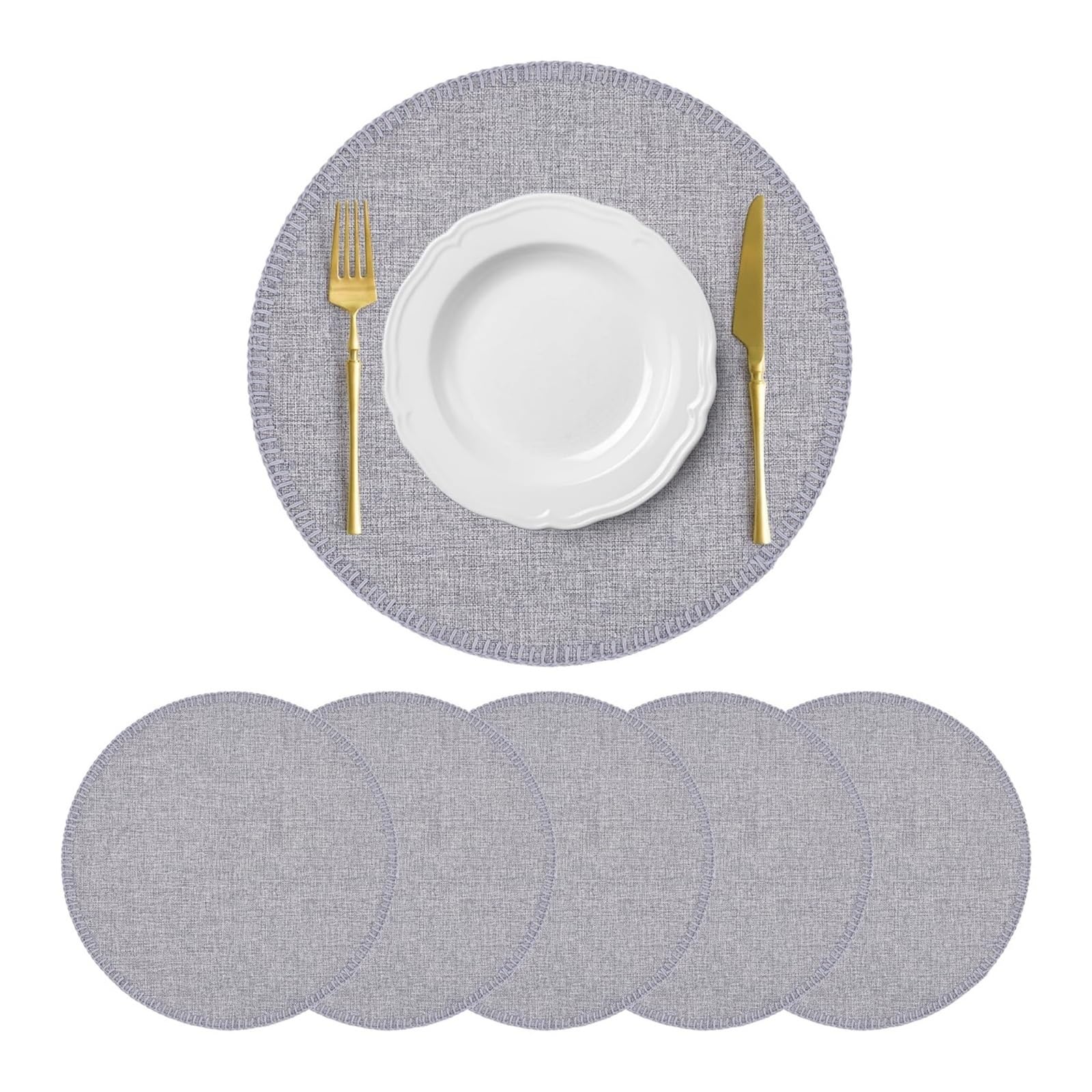 Zeahkri Light Grey Solid Color Placemats 4Pcs 15 Inch Round Linen Heat Resistant Placemat