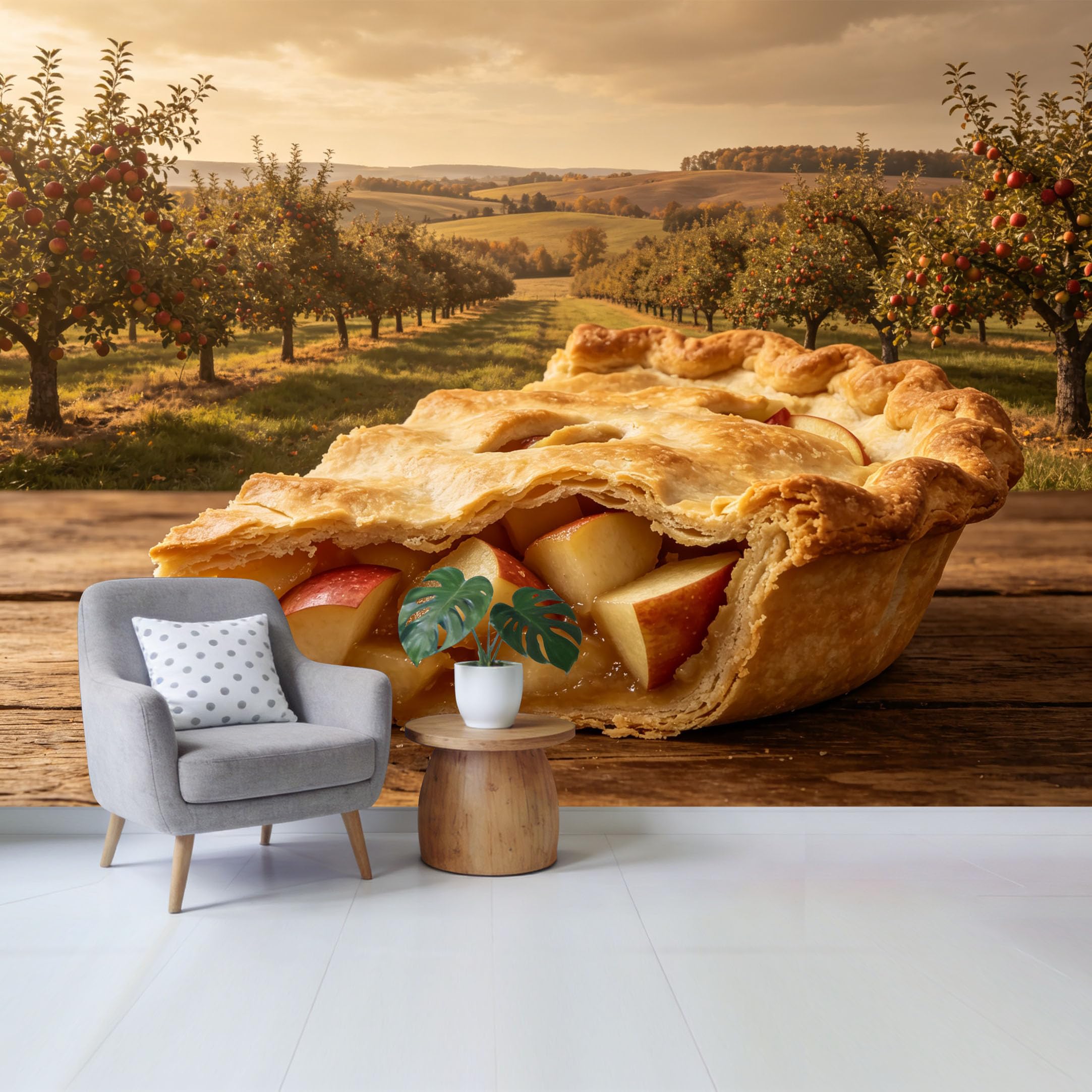 Qzlithotic Yq2605251056 Custom Size Wall Mural Apple Pie Slice Sunset Orchard Landscape Farmhouse Style Selfadhesive Wall Fabric Removable Wallpaper For Home Office Decor