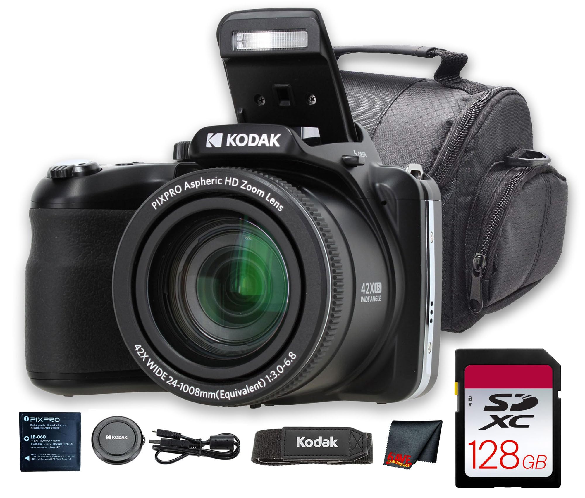 Kodak PIXPRO AZ425 Digital Camera (Black) | 20MP Sensor, 42x Optical Zoom, 24mm Wide-Angle Lens & Optical Image Stabilization | Great for Travel & Everyday Photos (AZ425BK) + 128GB Card + Bag + Cloth-image-26