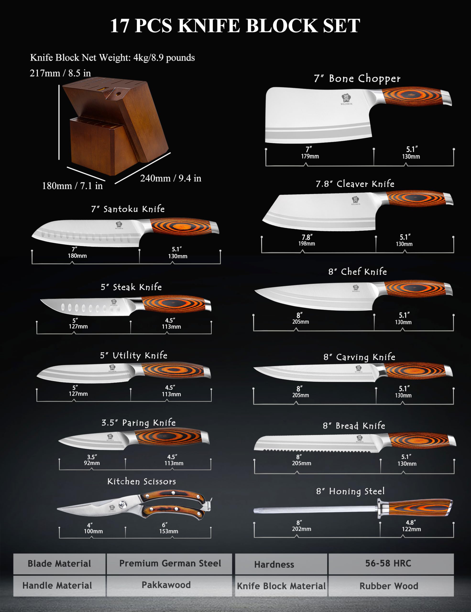 WILDMOK Juego de Cuchillos de Cocina de Acero Inoxidable Alemán Con Mango de Madera - 17 Piezas Con Cuchillo de Carne y Tijeras