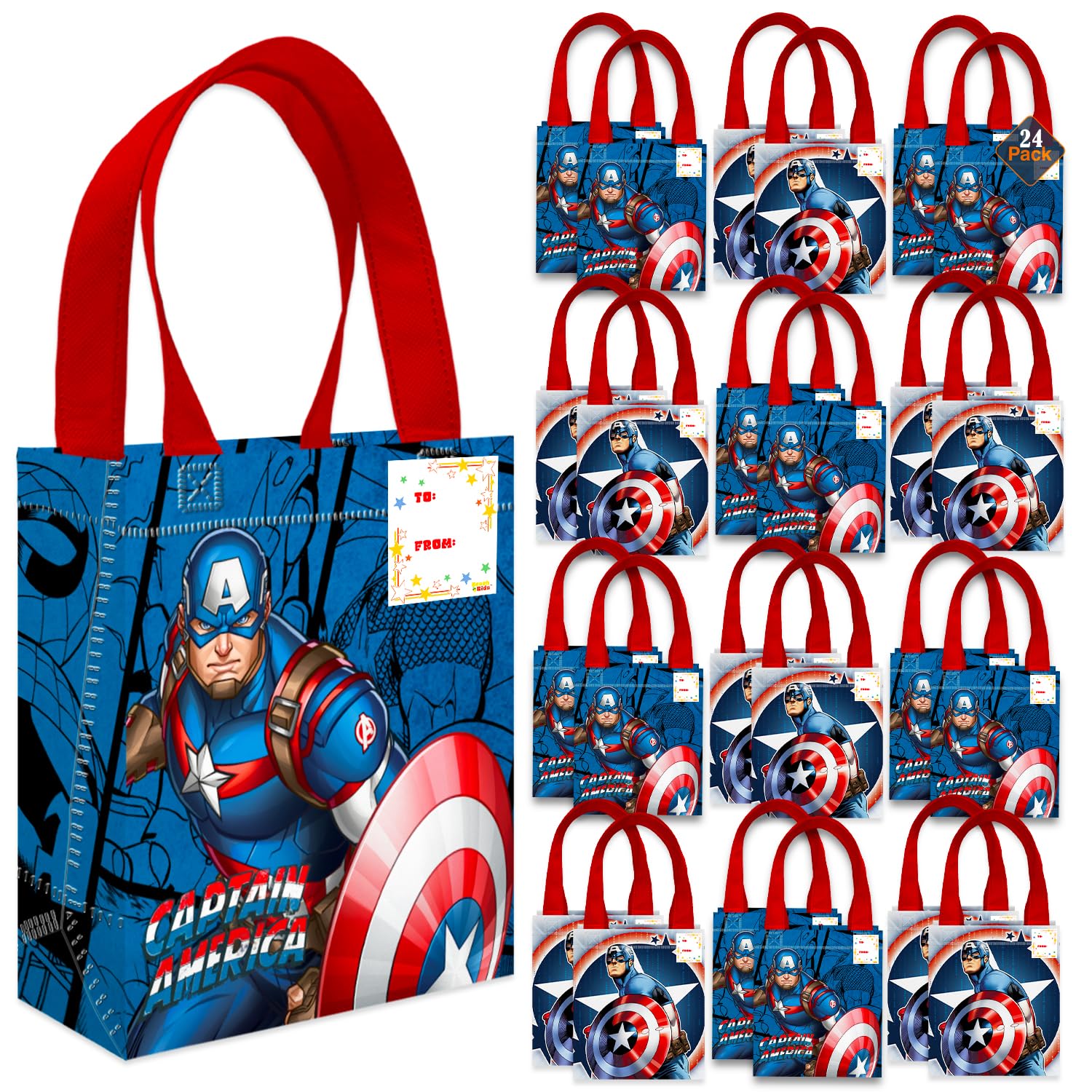 Captain America Party Favor Bags Set – 24 Pack 8" Marvel Goodie Bags for Kids Bulk Reusable Mini Totes | Avengers Captain America Birthday Party
