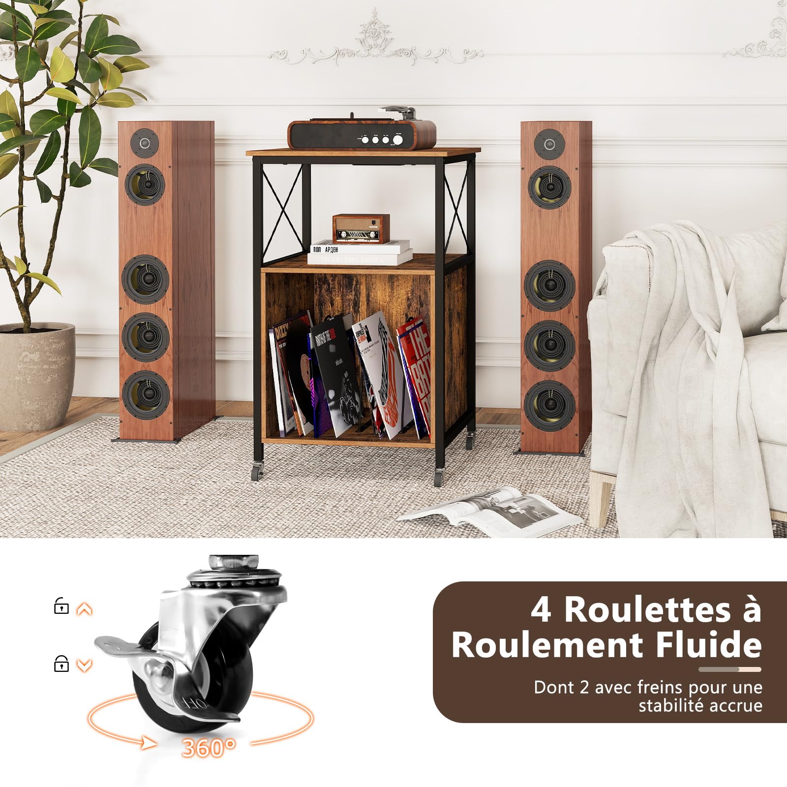 GOPLUS Meuble Platine Vinyle avec Station de Charge Intégrée, 2 Prises AC, 1 USB, et 1 Type-C, Support pour Tourne-Disque, 2 Roues Verrouillables, Style Industriel pour Vinyles et CD, 50x45x82cm