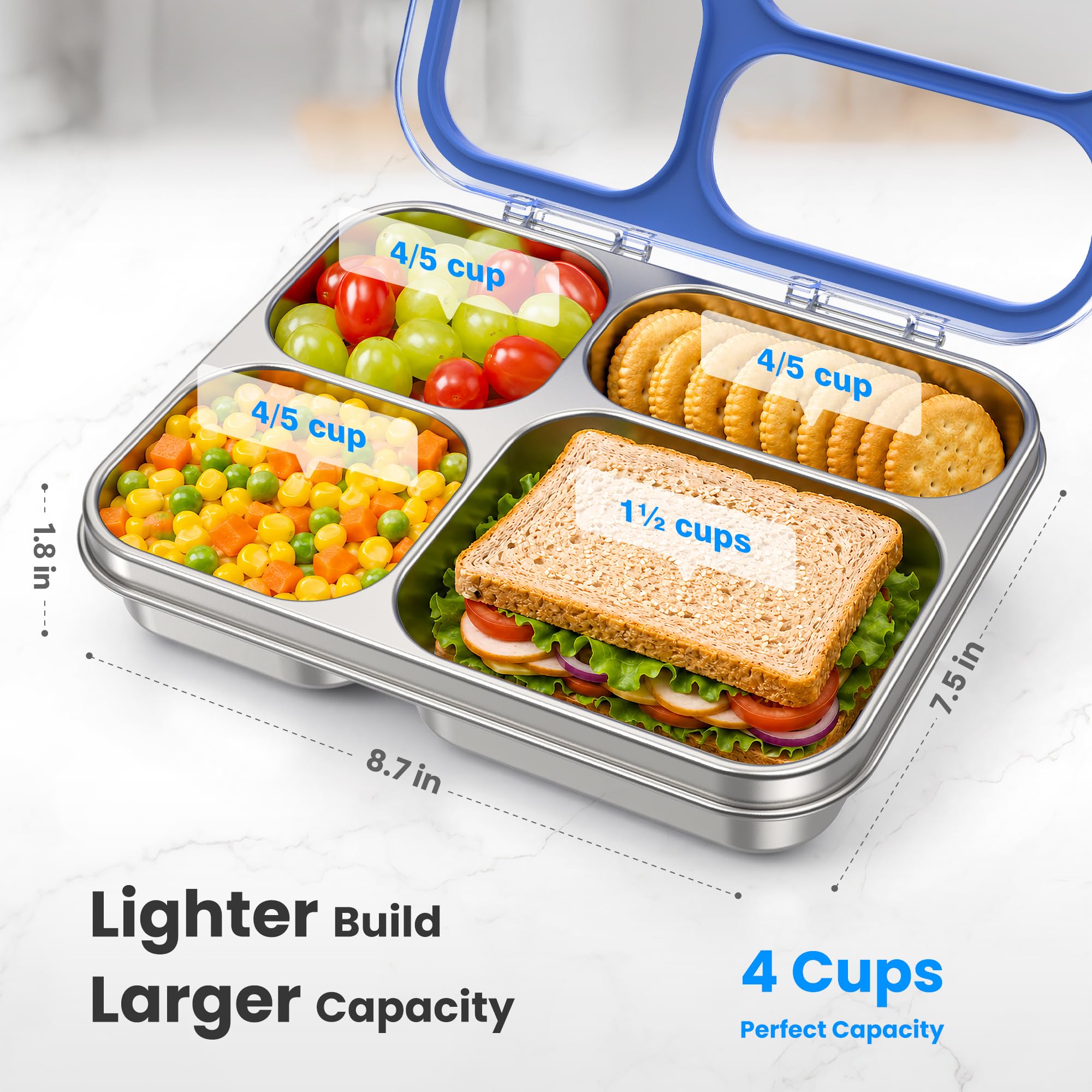 VITONIS Edelstahl Brotdose Kinder Metall Bento Lunchbox mit 4 Fächern, 930 ml Auslaufsichere Brotbox Sandwichbox Brotzeitdose Vesperdose Brotbüchse, Spülmaschinenfest Blau
