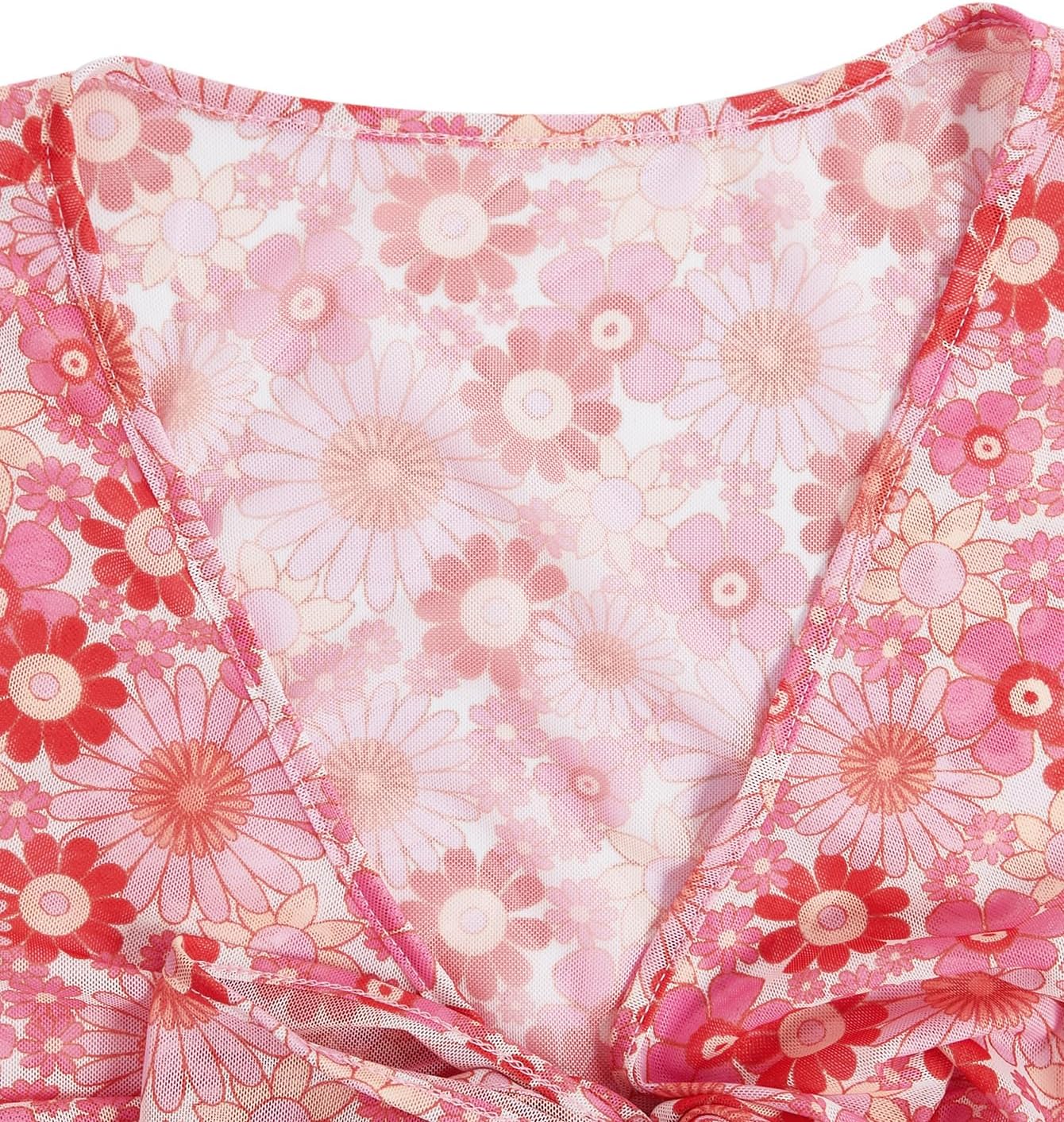 Verdusa Women's 70s Floral Print Tie Front Mesh Cover Up Long Bell Sleeve V Neck Crop Boho Blouse - Image 3