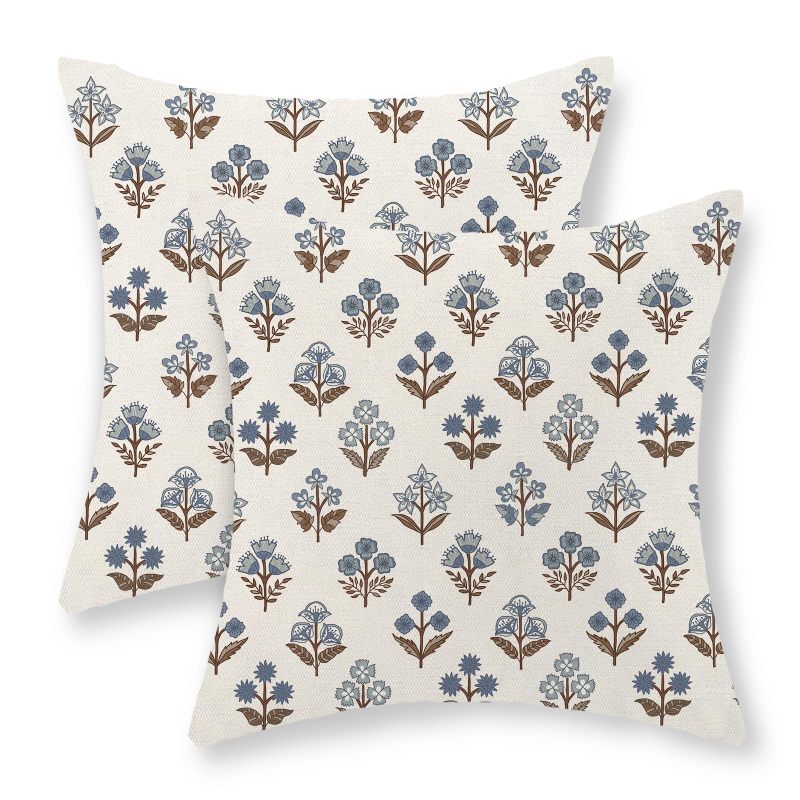 GOLIANDA Brown Blue Pillow Covers 18x18 Set of 2 Boho Block Print Floral Pillow Cases Vintage Flower Pattern Decorative Throw Pillows Linen Outdoor Decor Farmhouse Cushion Cover for Couch Sofa Bed — image 1