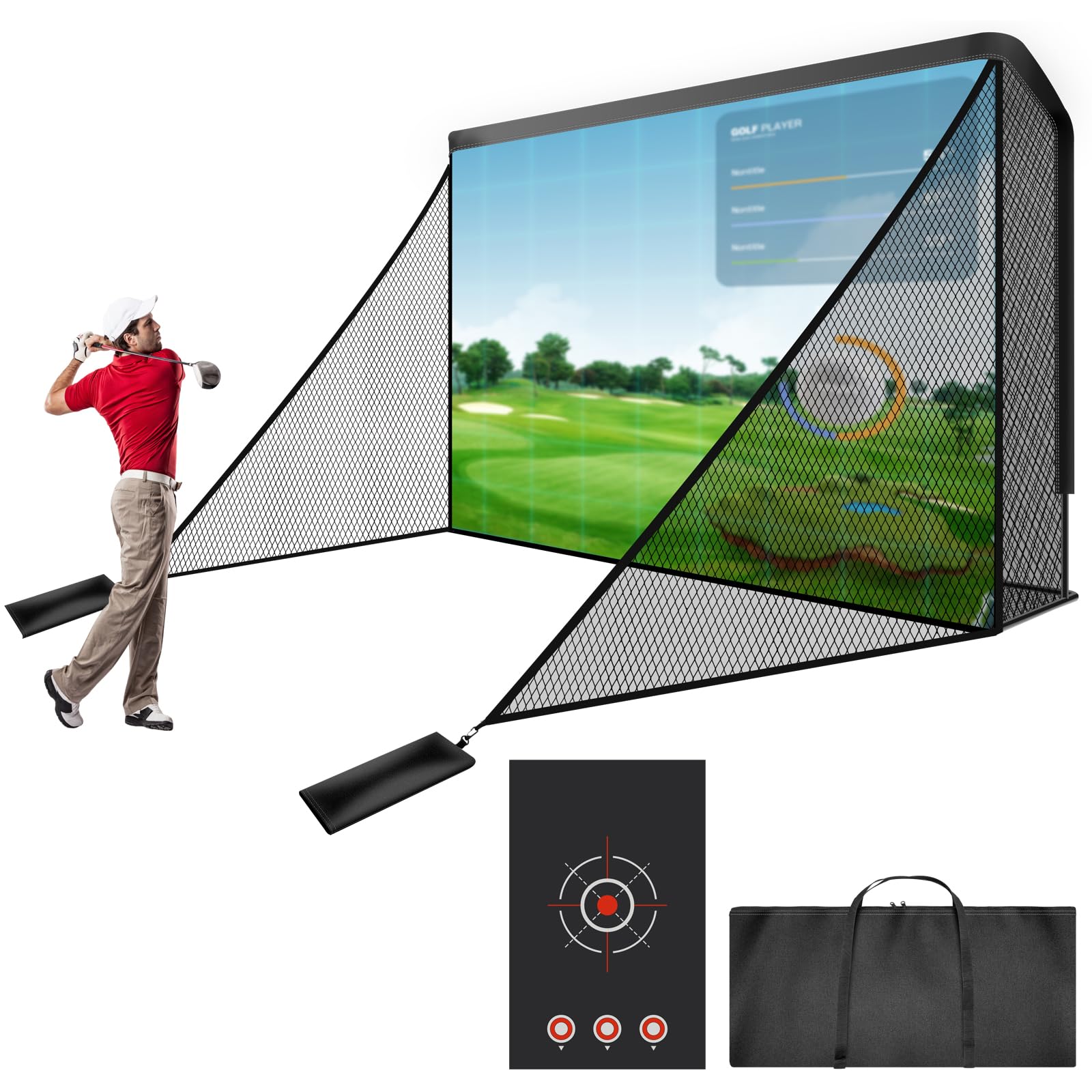 Golf Cage Net with Simulator Impact Screen Heavy Steel Frame with 2 Net Side Barriers HD Blank Impact