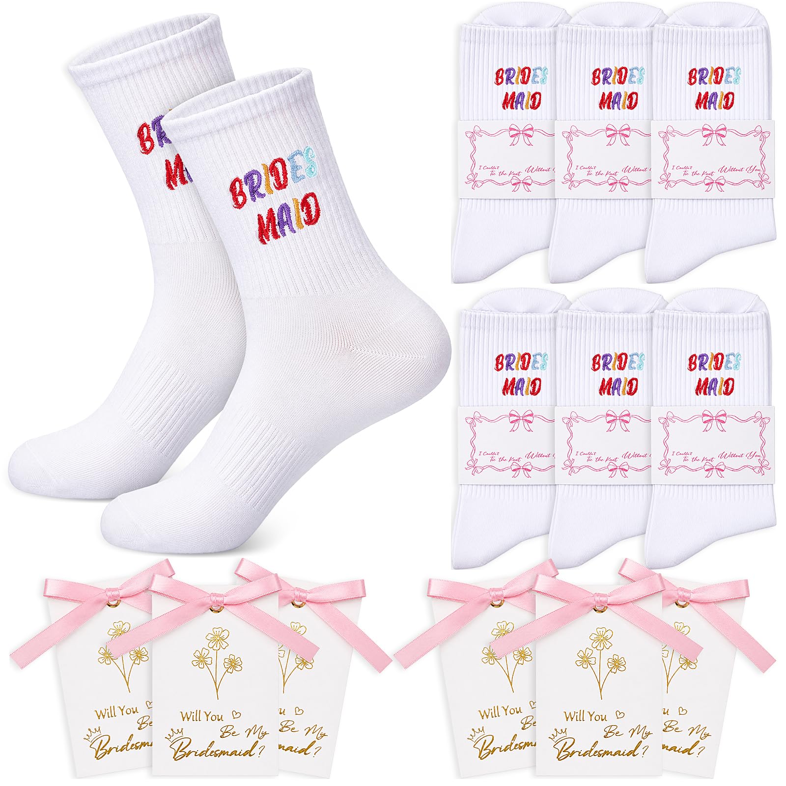 BBTO 6 Set 18 Pcs Bridesmaid Proposal Gifts Set, Embroidered Socks, Will You Be My Bridesmaid Cards for Bachelorette Bridal Shower Women Wedding Maid of Honor Gifts Tie The Knot Cute Party