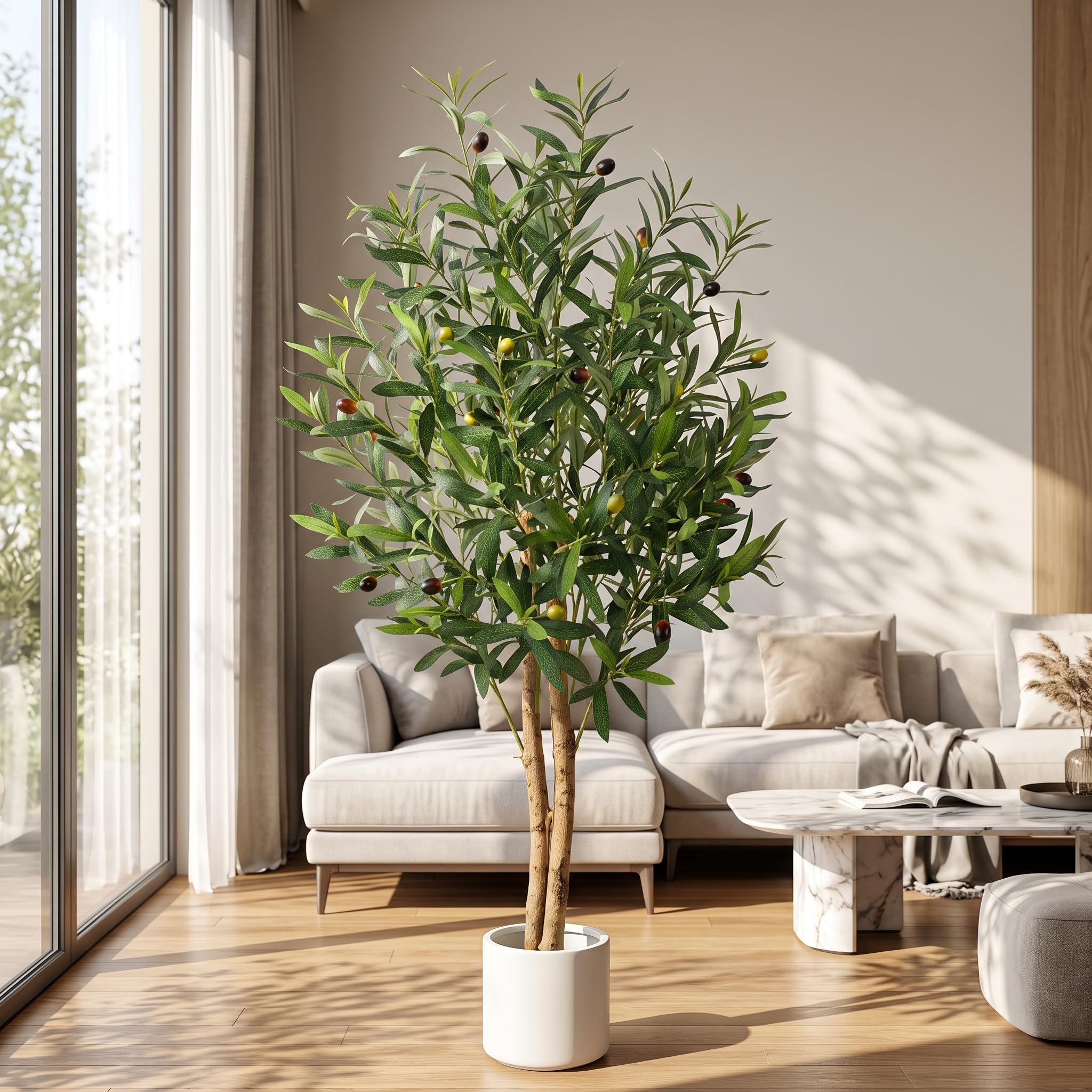 BEAUTYPEAK Künstlicher Olivenbaum 120 cm, Kunstpflanze im weißen Topf | Olive Tree Deko für Wohnzimmer, Büro, Flur und Schlafzimmer, pflegeleicht, Indoor Pflanze mit täuschend echt im Topf