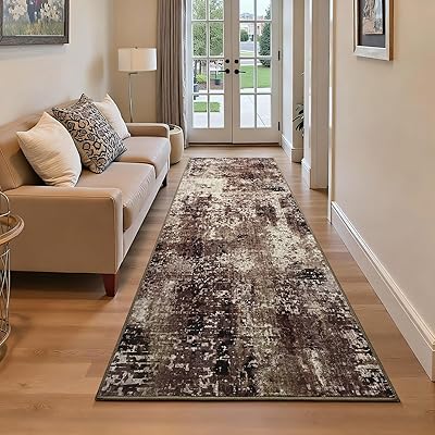 Runner Rug for Kitchen Coffee Hallways Runner Rug Non Slip 2'6''x8' Washable Brown Long Runner Rugs with Rubber Backing Soft Abstract Carpet Runner for Entryway, Kitchen, Bedroom, Bathroom