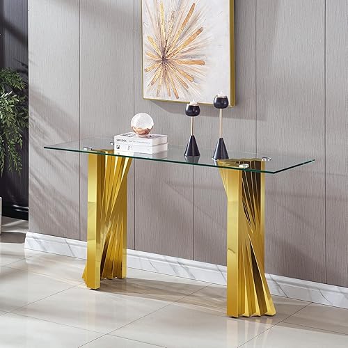 Mesa consola de cristal dorado de lujo moderna de 55 pulgadas, mesa de entrada delgada con base de acero inoxidable brillante con espejo Consola