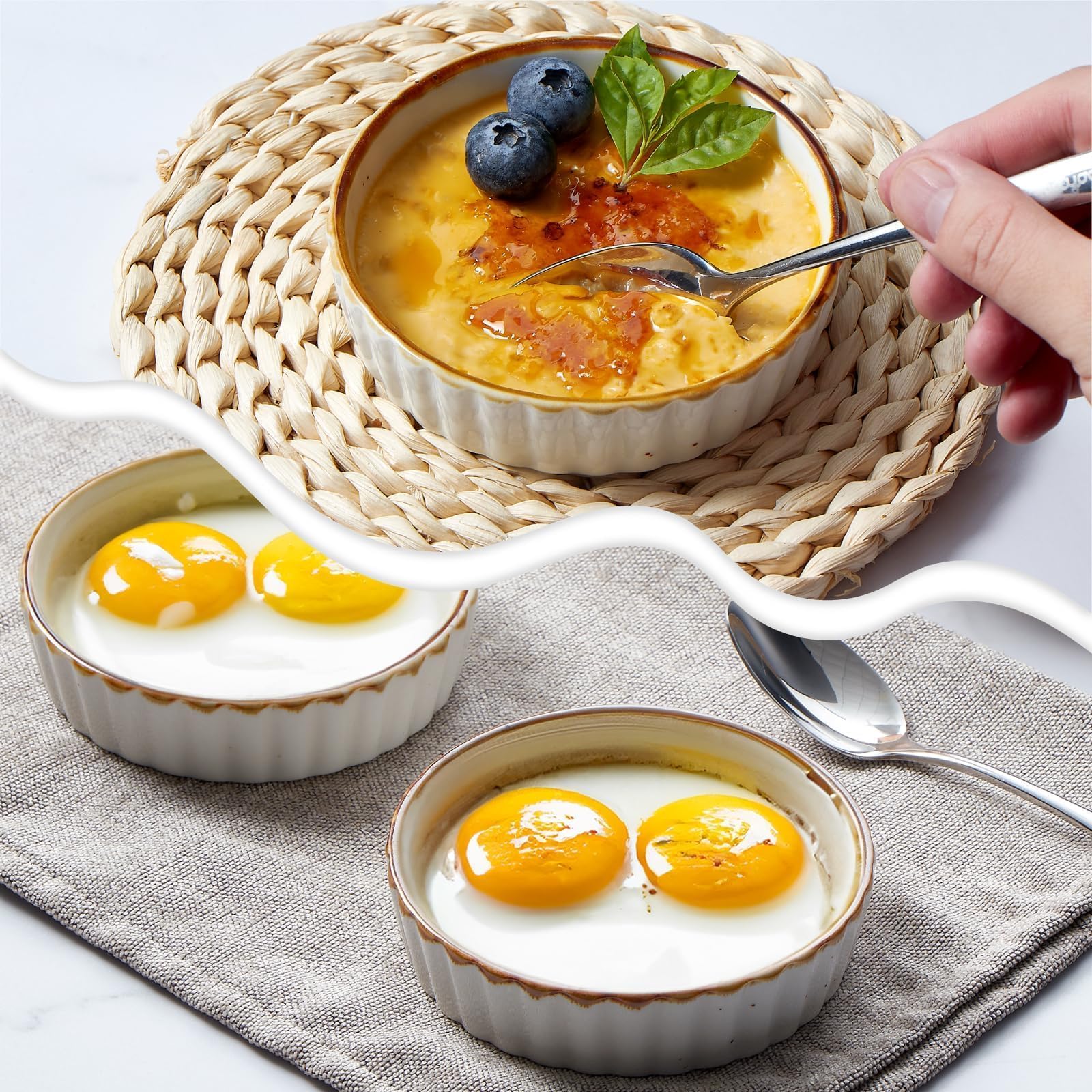 ONEMORE Cerámica poco profunda Ramekin Verti Line, color blanco crema juego de 6