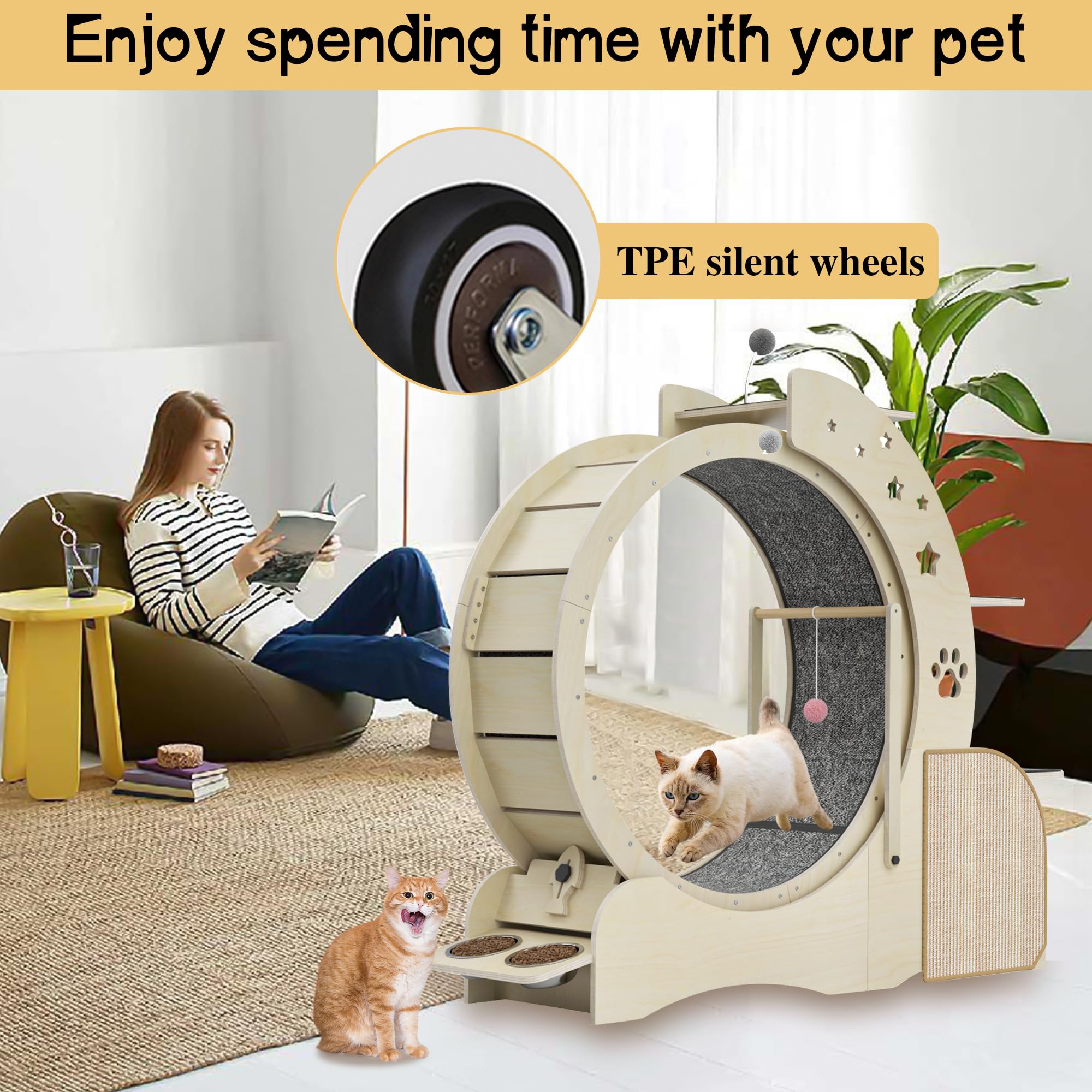 Ruota per Gatti 5 in 1 in Legno Multifunzionale Bloccabile Ruota per Esercizi per Gatti Tiragraffi a Scaletta per Gatti a 3 Livelli con 2 Ciotole Giocattoli Interattivi per Gatti