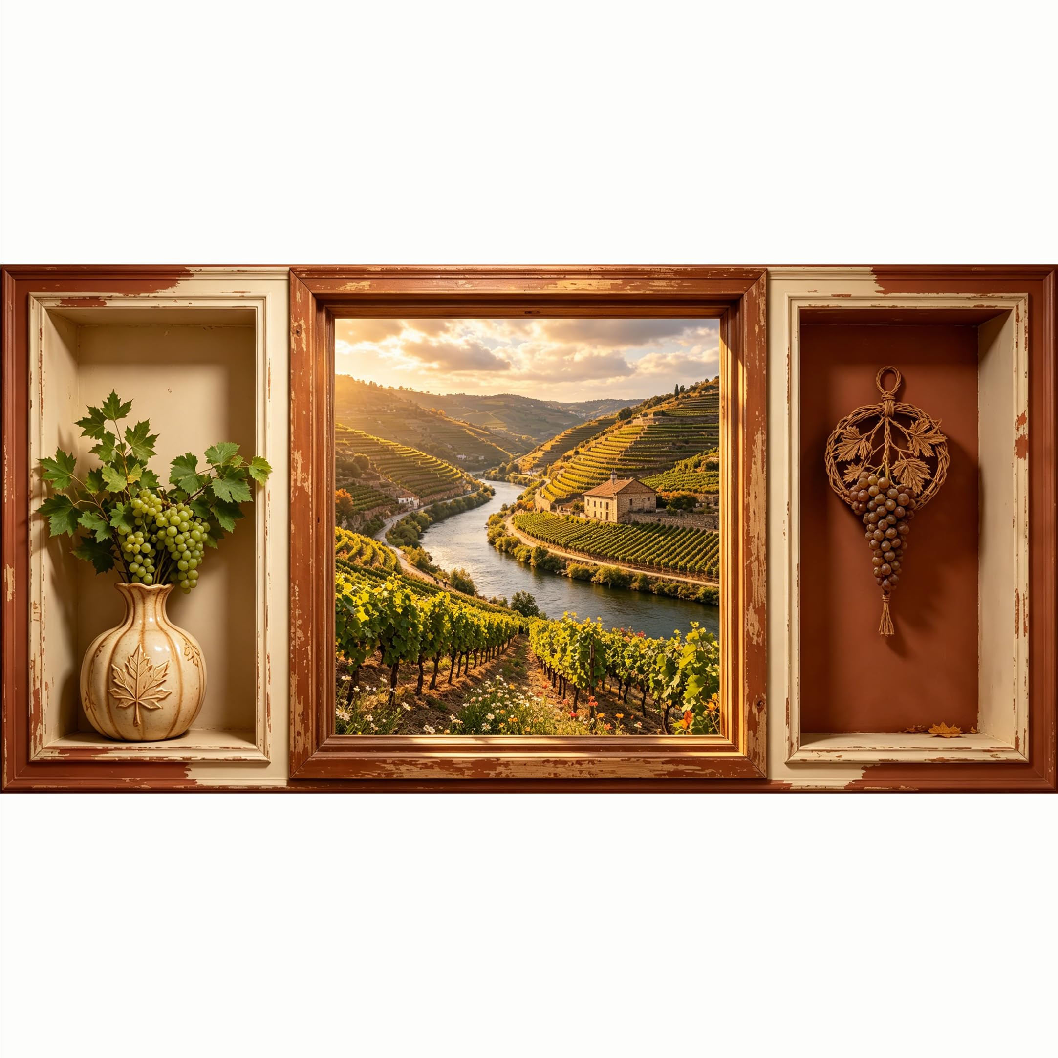 QZLITHOTIC 50x100cm 3D Framed Wall Art， Tuscany Vineyard Landscape Trompe l'oeil Self‑Adhesive Mural， Water‑Activated Peel & Stick Fabric Decor Wall Decal for Bedroom Living Room