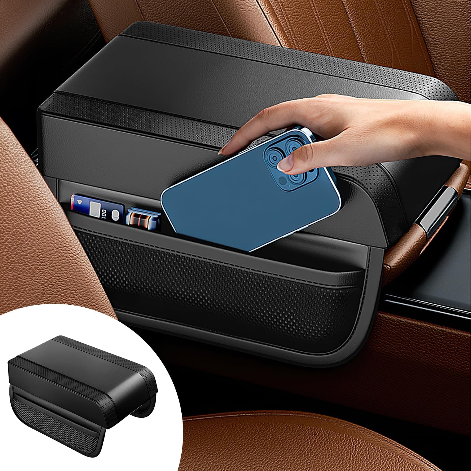 NALACAL Car Center Console Cover, Memory Foam Car Armrest Cover with Storage Pockets Leather Arm Rest Cushion Universal Center Console Pad Car Interior Accessories (Black, 10.6L x 7.8W x 3.9inches)