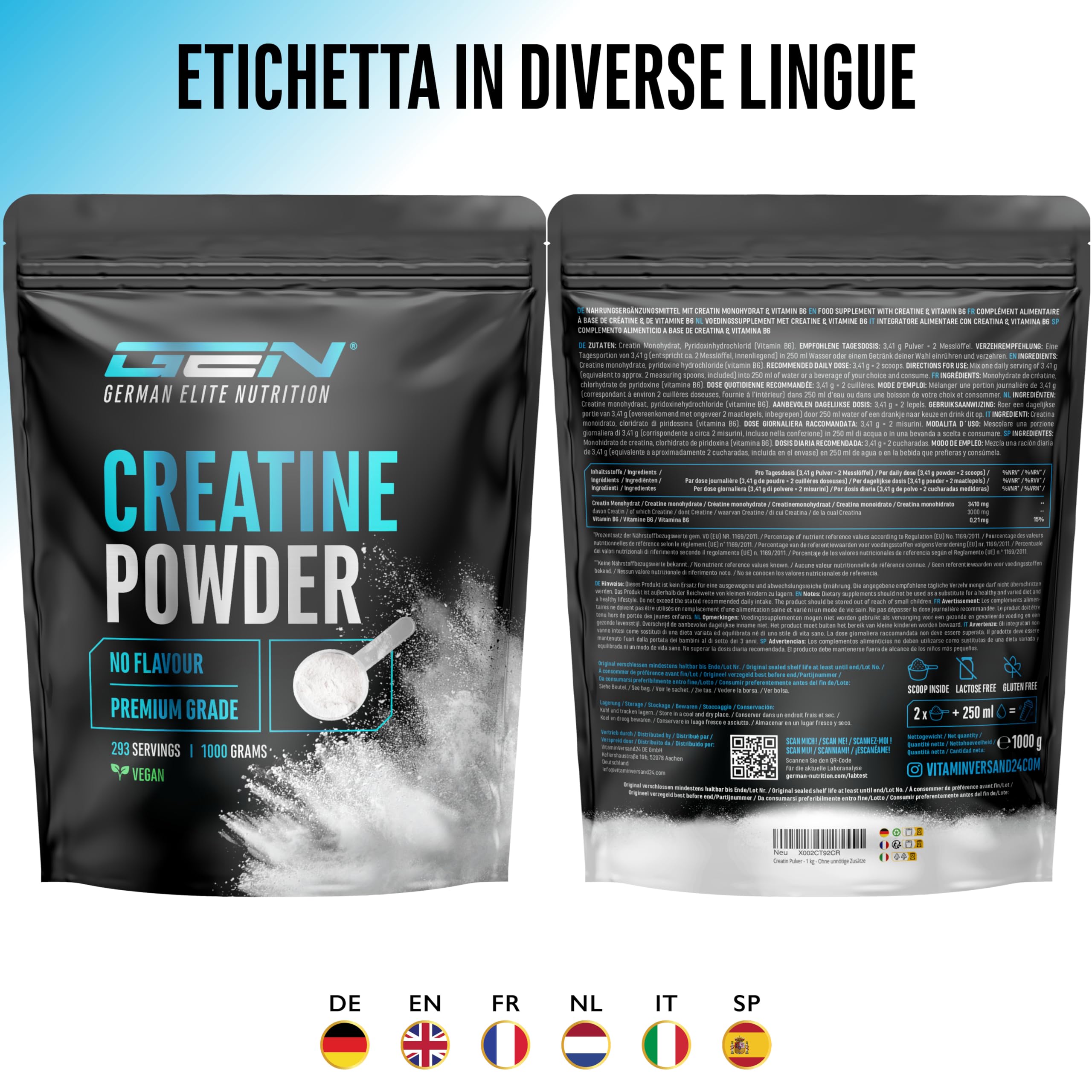 Creatine Monoidrato in Polvere 1000 g – Creatina Monoidrato Microfine, Altamente Solubile e Alto Dosaggio – Senza Additivi inutili – Vegana – 293 Porzioni