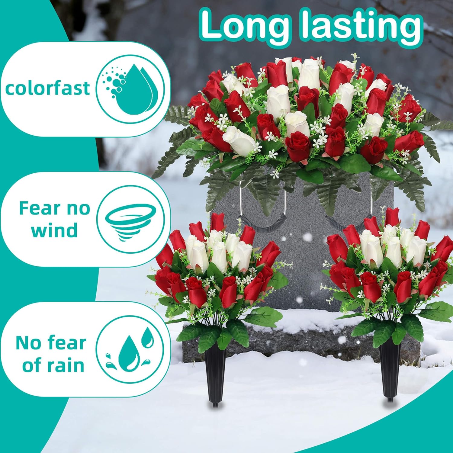 3 Pcs Artificial Cemetery Flower,Grave Flowers for Cemetery,Headstone Flower Saddle,Memorial Grave Flowers for Tombstone Decoration (Red White)