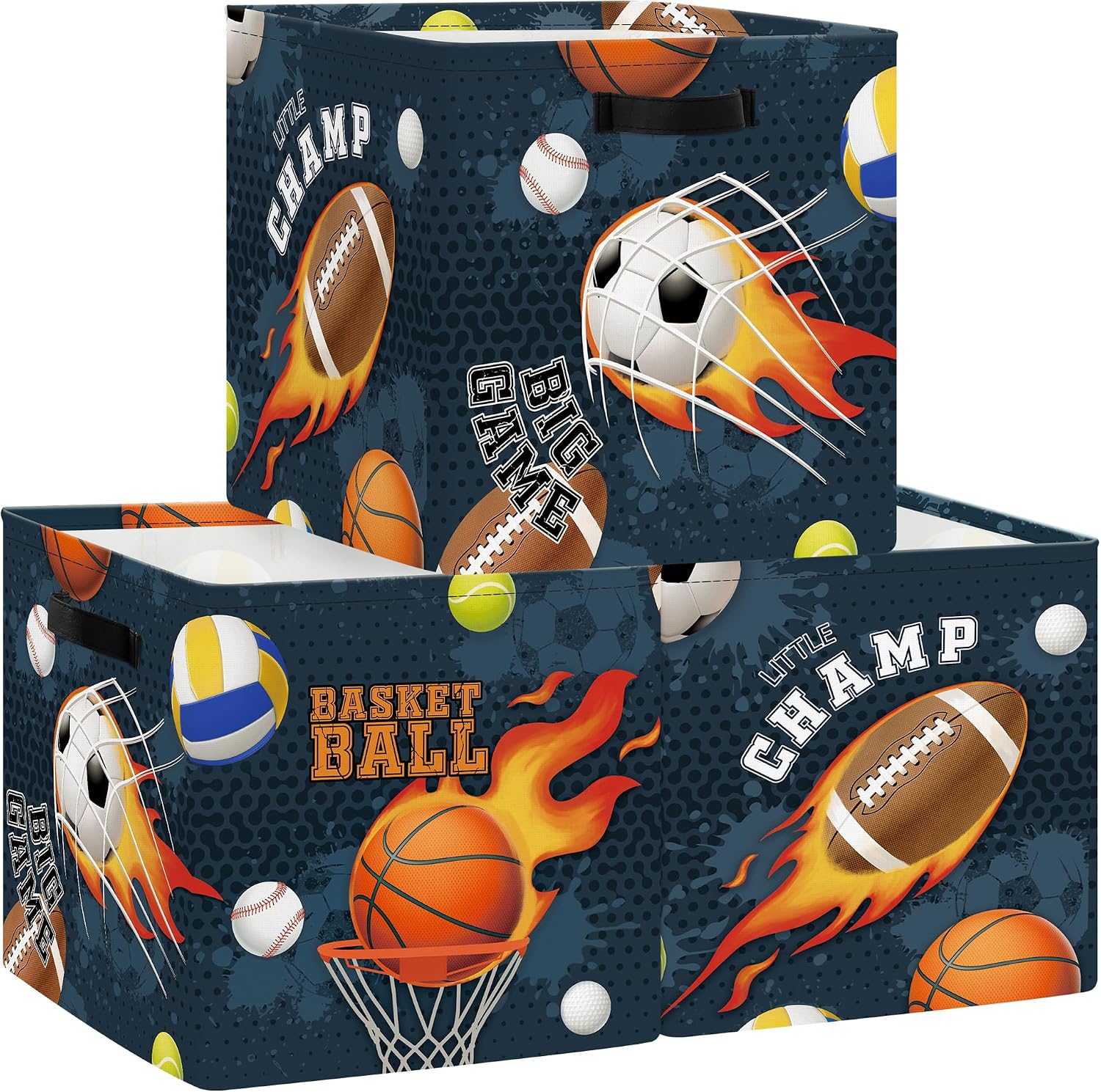 11.8" Sport Balls Cube Storage Organizer Set 3Pcs Football Rugby Basketball Cube Storage Bin for Bathroom/Bedroom Kid Book Toy Chest, Fire