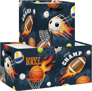 11.8" Sport Balls Cube Storage Organizer Set 3Pcs Football Rugby Basketball Cube Storage Bin for Bathroom/Bedroom Kid Book Toy Chest, Fire