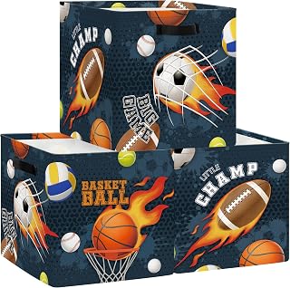11.8" Sport Balls Basketball Storage Cube Organizer Rugby Football Clothes Storage Basket Bin for Closet Shelf Ball Game Flame Nursery Kid Room Book Toy Chest, 3Pcs