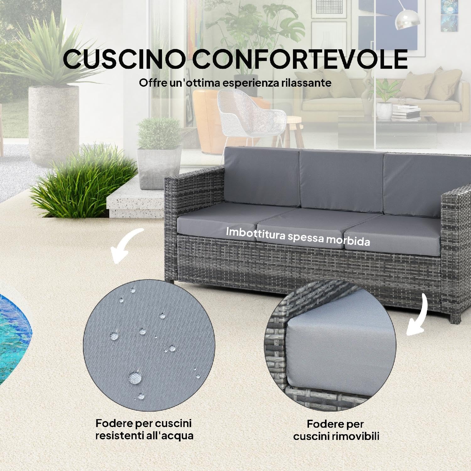 Divano da Giardino Esterno 3 Posti in Rattan PE e Metallo con Cuscini Imbottiti 185x70x80 cm colore Grigio