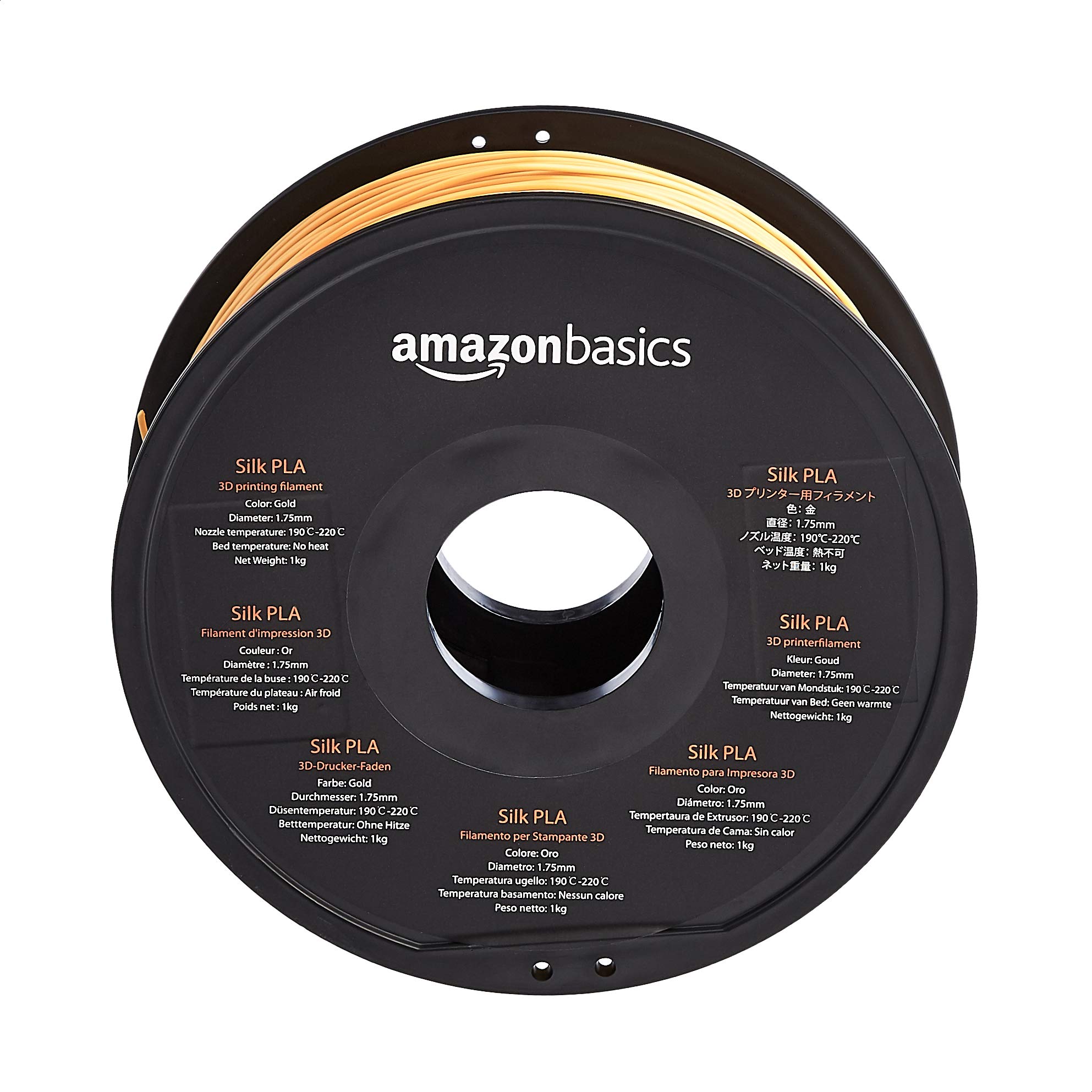 Amazon Basics Filamento per stampanti 3D, in polilattato (PLA), 1.75 mm, 1 kg per bobina, Oro (effeto seta)