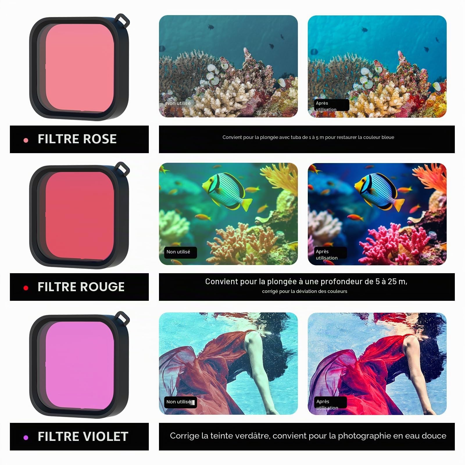 OKFUN Boîtier étanche avec 3 filtres pour Go Pro Hero 13-10 noir, coque de protection sous-marine monopode flottant poignée bâton d'action camera accessoires