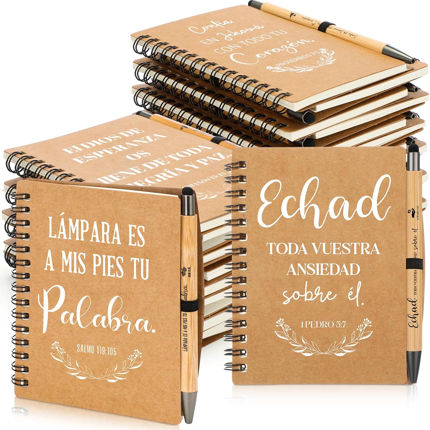 Resurhang 48 Pcs Christian Gifts Bulk Spanish Religious Spiral Prayer Journal Notebooks Bible Verse Bamboo Pens Inspirational Religious Gift Sets Women Men Church Party Favors