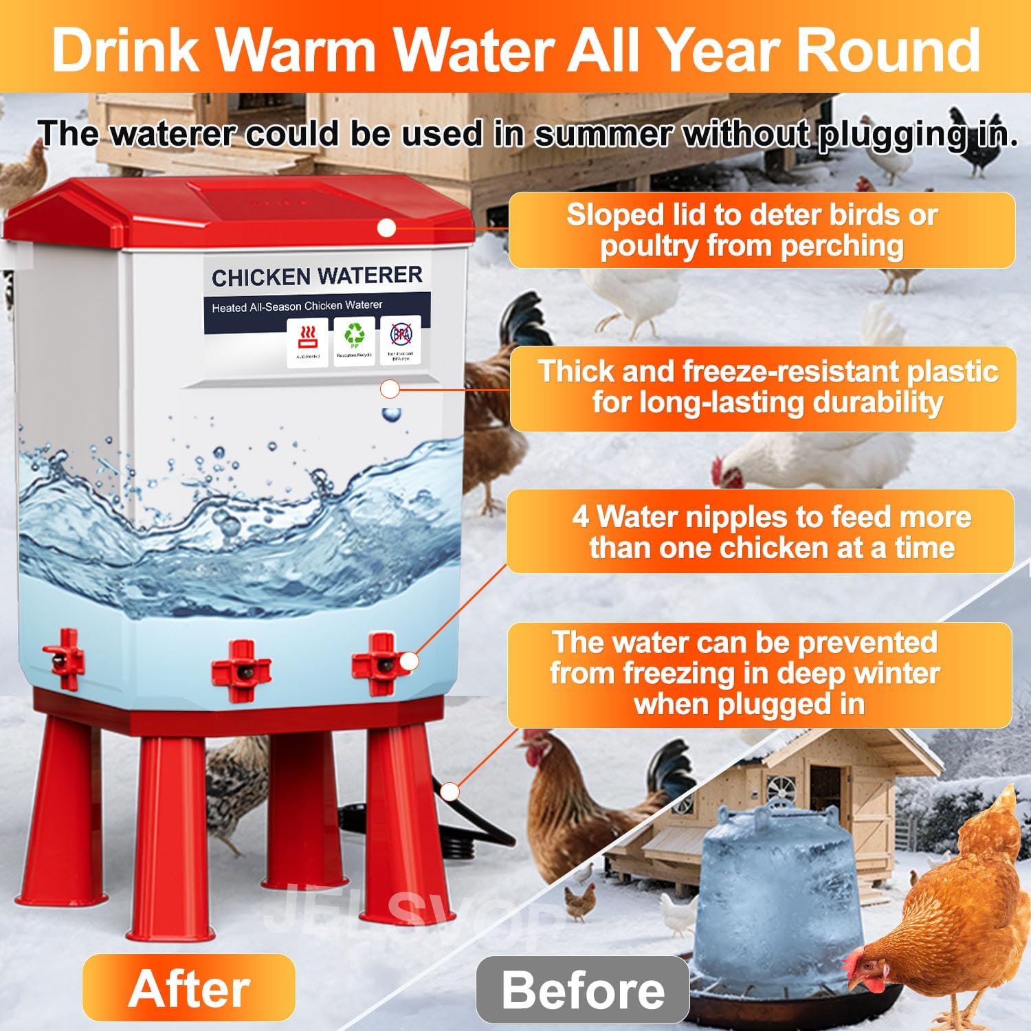 Heated Chicken Waterer, 11L Winter Chicken Water Heater Bucket with 4 Nipple Drinkers, Anti-Freezing, Winter and Summer Dual-use, Automatic Heated Poultry Drinker for Coop (Red)