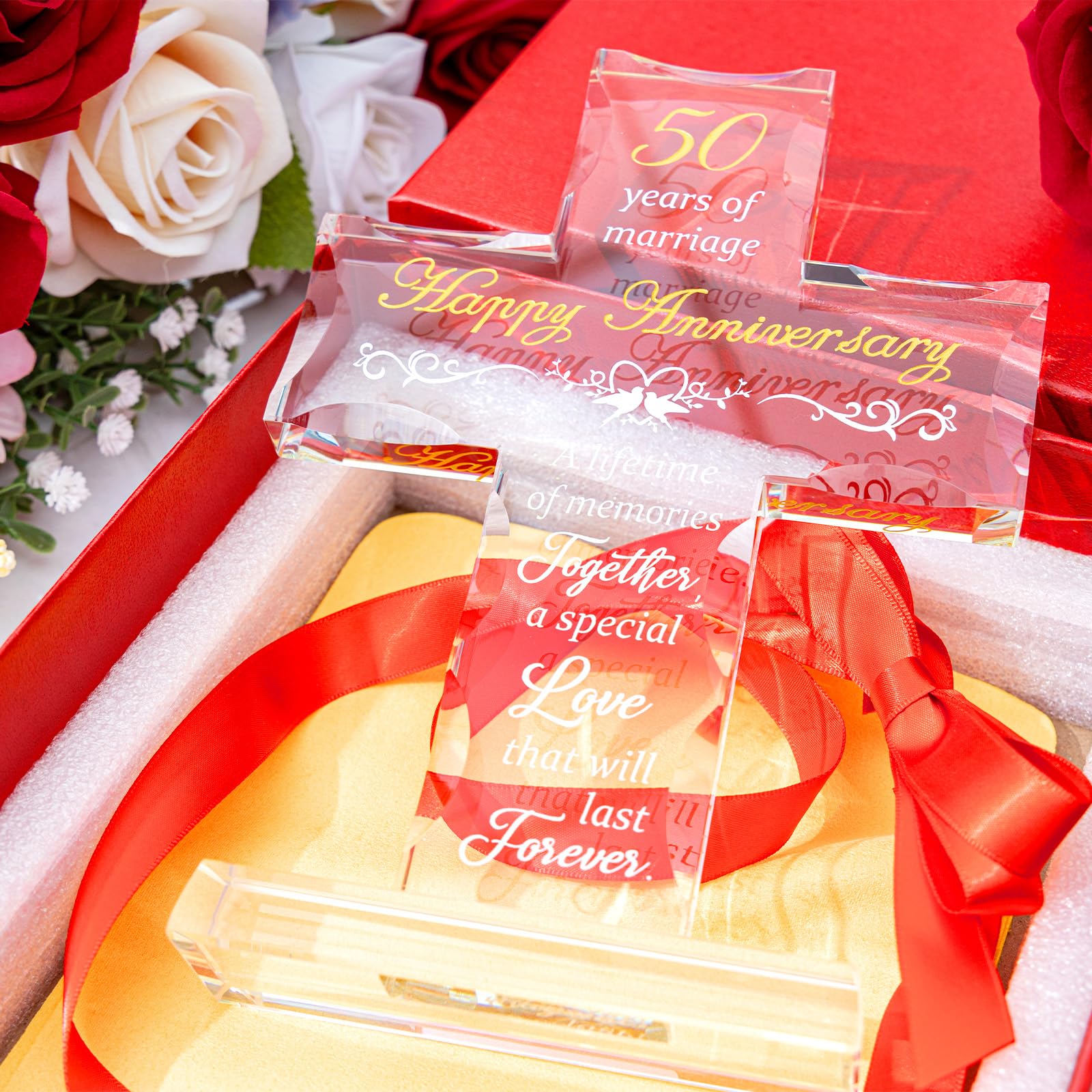 50th Wedding Anniversary Religious Gifts for Parents, Laser Engraved Glass Standing Cross for Couple Wife Husband Dad Mom, 50 Years Aniversary Decorations for Home Party