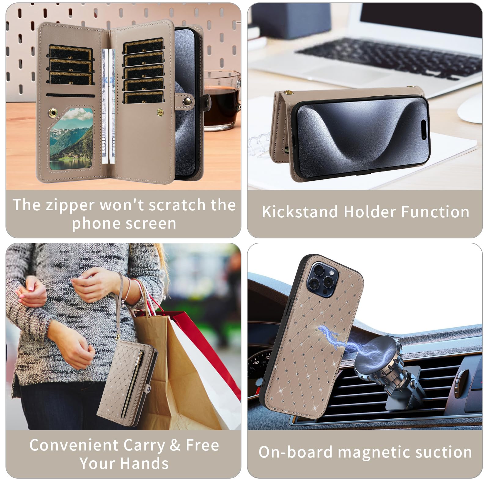 Custodia per iPhone 15 Pro Max da 6,7 pollici, con cerniera, custodia rimovibile con pellicola protettiva per lo schermo, tracolla con cordino glitterato porta carte di credito i Phone15 15Pro i15