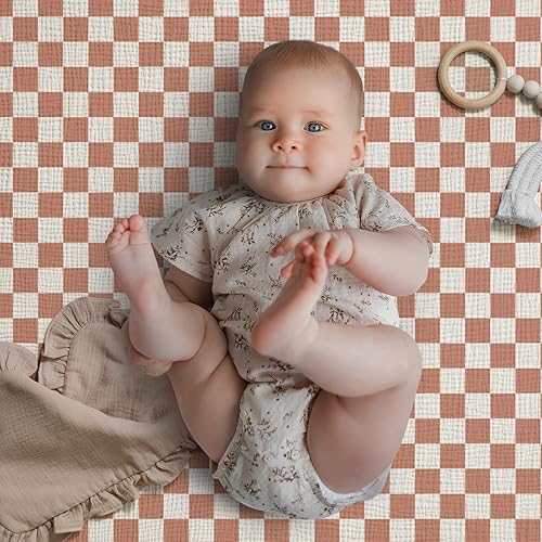 Miniatura 4 de Blissful Diary Muslin Crib Sheets for Girl Boy, Boho Neutral Soft Cotton Baby Sheet for 52''x28'' Standard Crib Mattress, 2 Pack(Brown Checkboard &