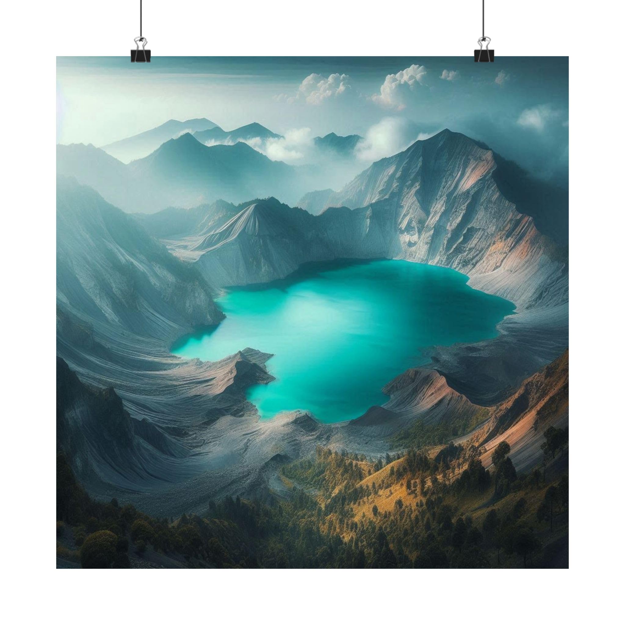 Mount Rinjani Crater Lake, Indonesia Matte Poster - Turquoise Crater Lake - Made in USA - 18x18 Inch