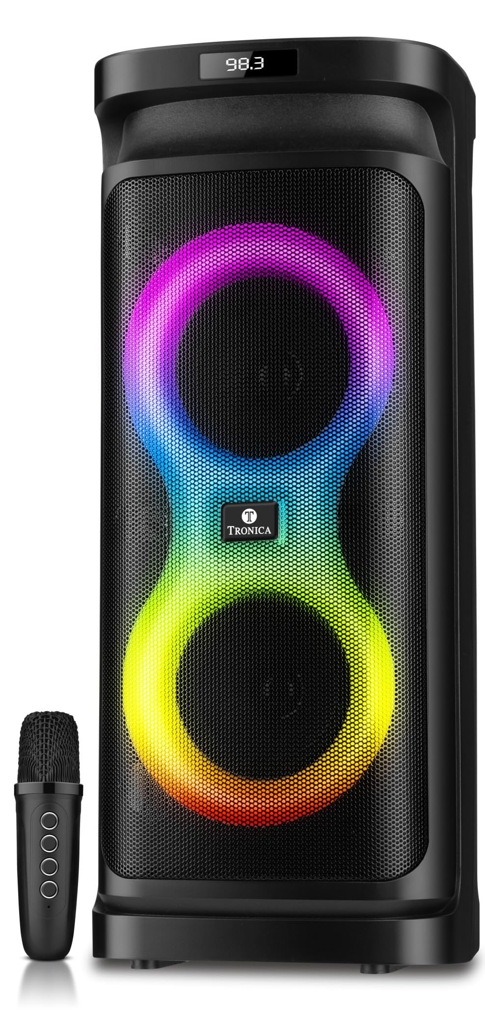 tronica rock star-2 portable bluetooth speaker, wireless speaker with 2 mics and colorful lights, support tws/tf card/usb/aux, loud hd stereo sound, robust bass, lightweight for party/outdoor/camping