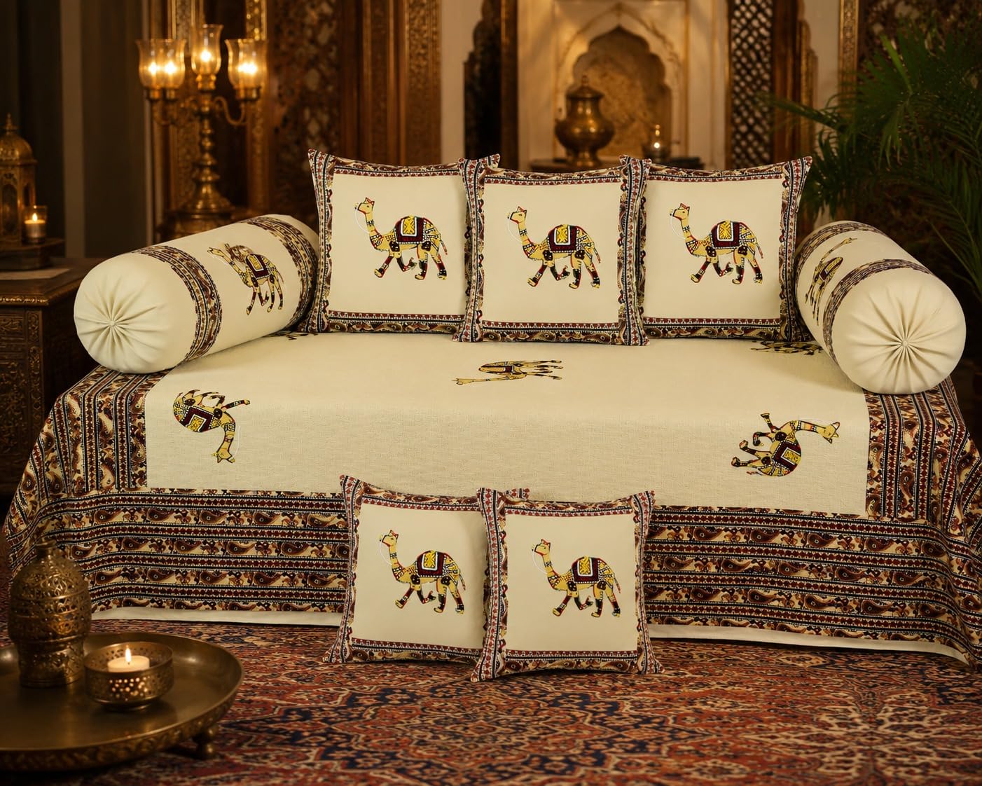 Premium Cream Color Hand Embroidered Camel Design Cotton Diwan Set with 5 Cushion Covers & 2 Bolster Covers-image-34