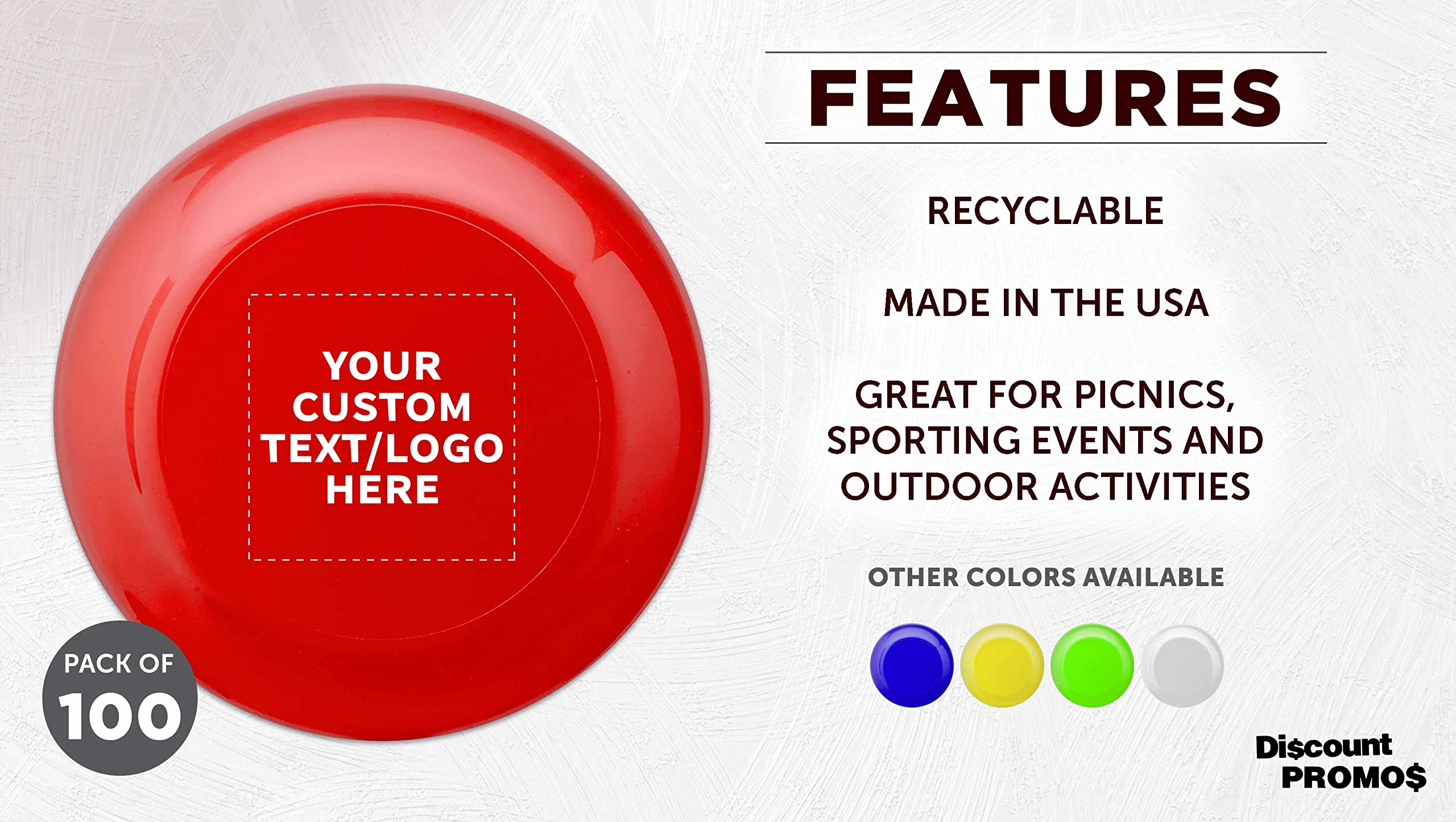 DISCOUNT PROMOS Custom Frisbees 9.25 inch. Set of 100, Personalized Bulk Pack - Fun Outdoor Games for Adults and Family - Red