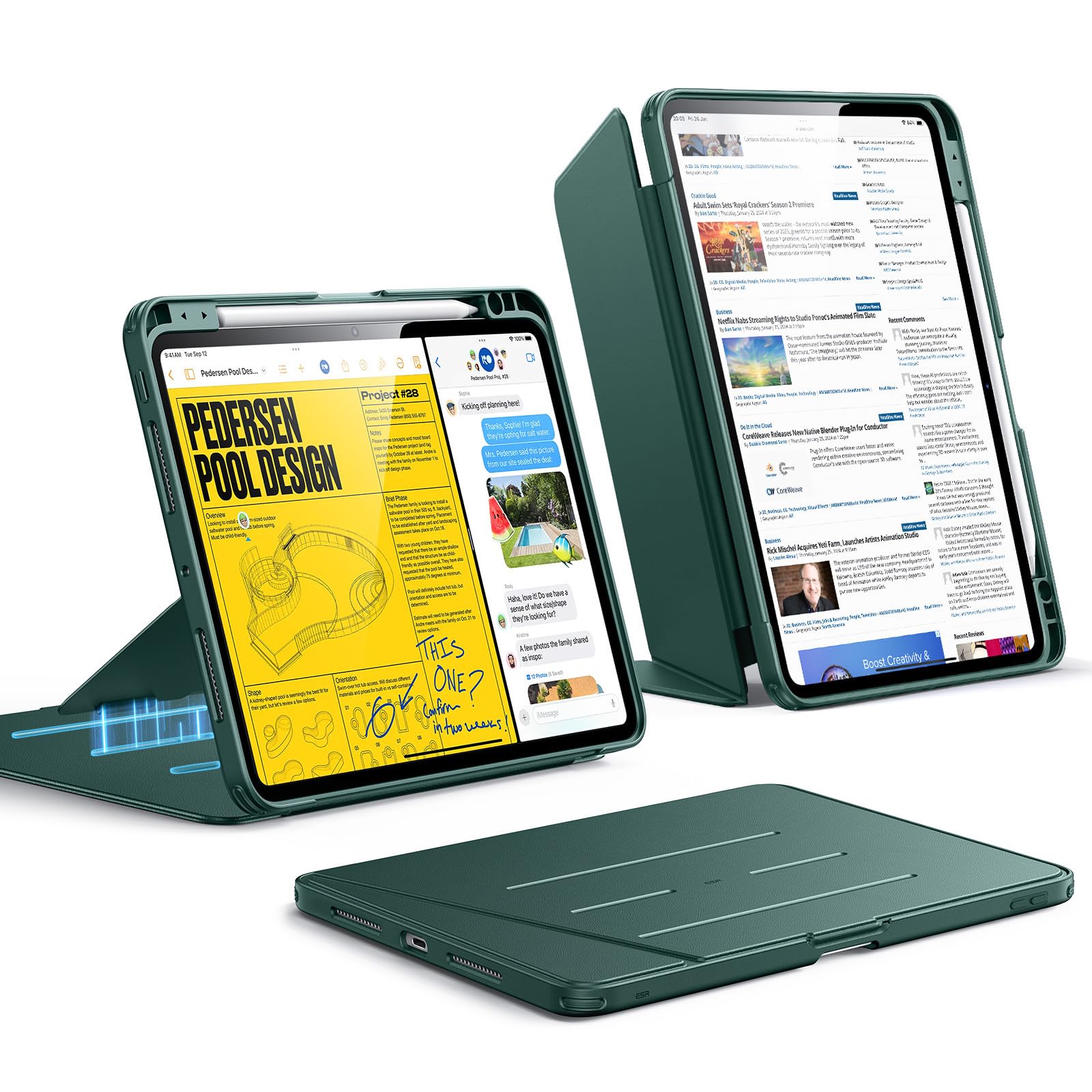 ESR für iPad Pro 11 Zoll Hülle M5/M4 (2025/2024), Vertikaler Ständer, Multi-Winkel, Ultra-stabile Hülle für iPad Pro 11 mit Stifthalter, Flip-Serie, Grün