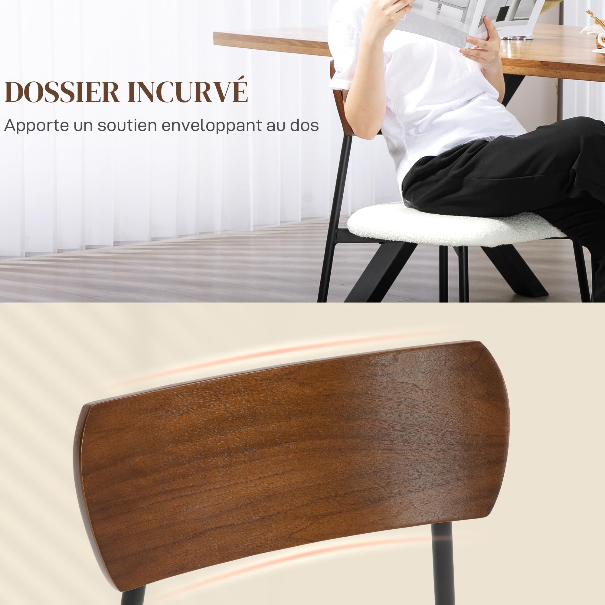 HOMCOM Lot de 2 chaises Salle à Manger Chaise de Cuisine Vintage Chaise de Salon rembourrée avec Assise Effet Bouclette, Dossier courbé Effet Bois pour Salon, Salle à Manger, Chambre, crème et Marron